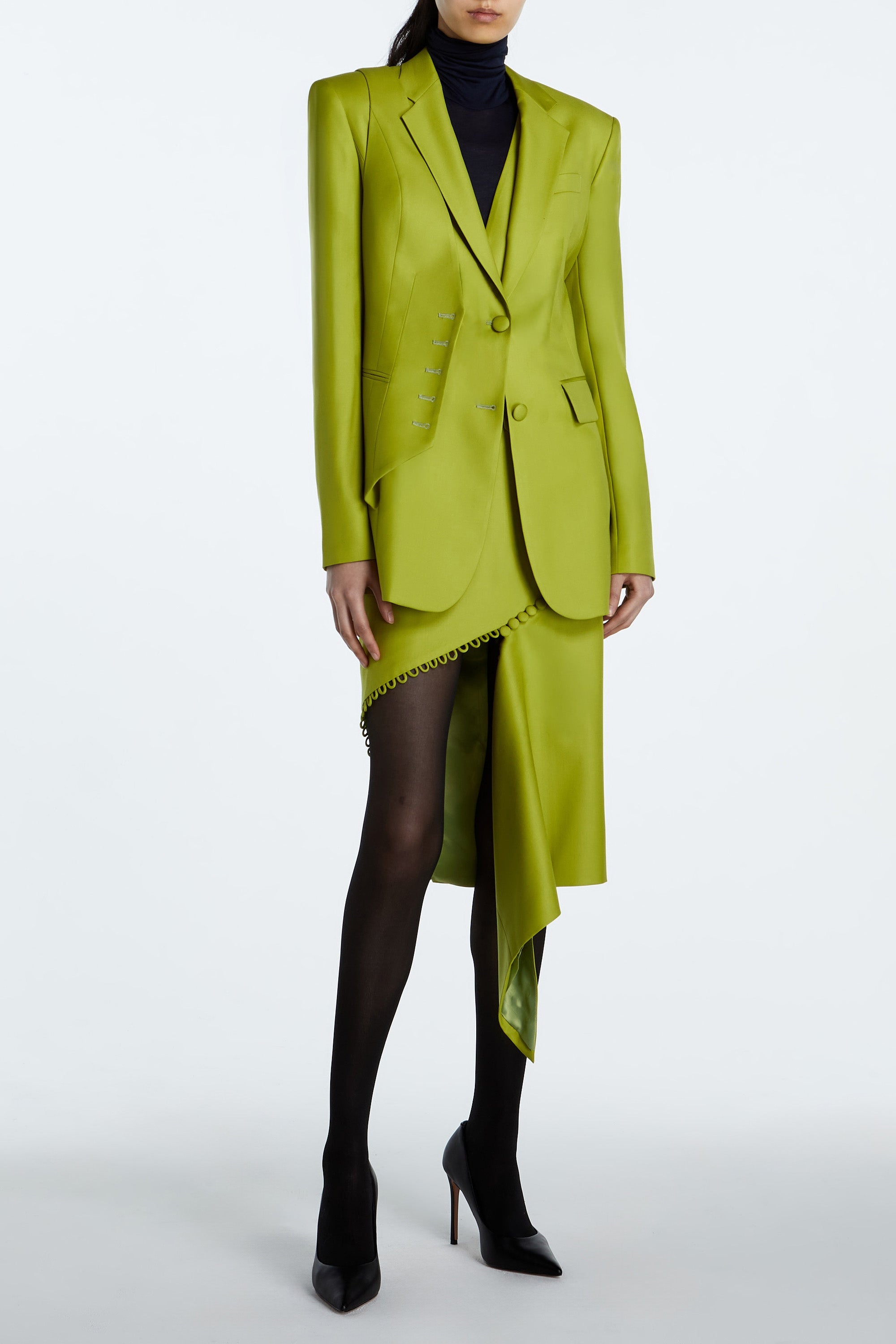 SHAO chartreuse wool trompe l’oeil blazer layered illusion angled view