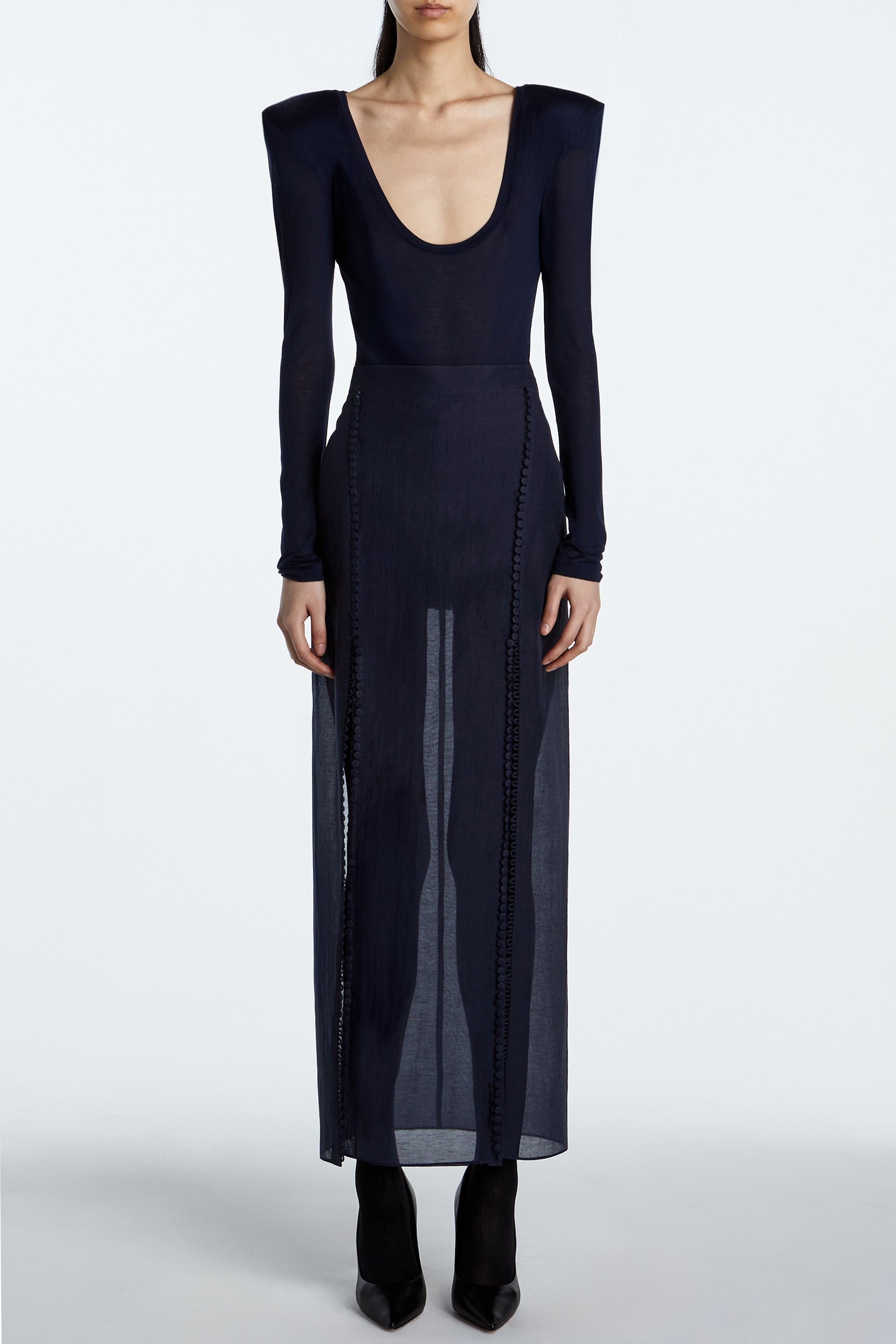 SHAO midnight sapphire column skirt structured tailored front view