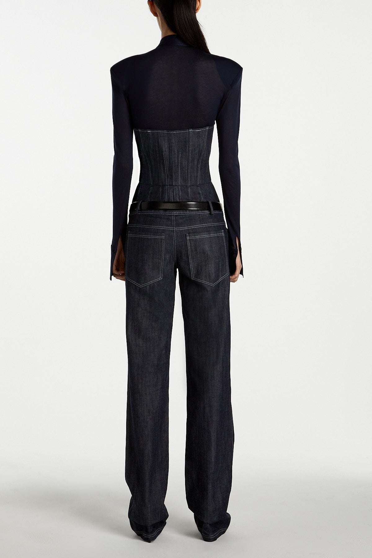 SHAO dark indigo denim jumpsuit back view
