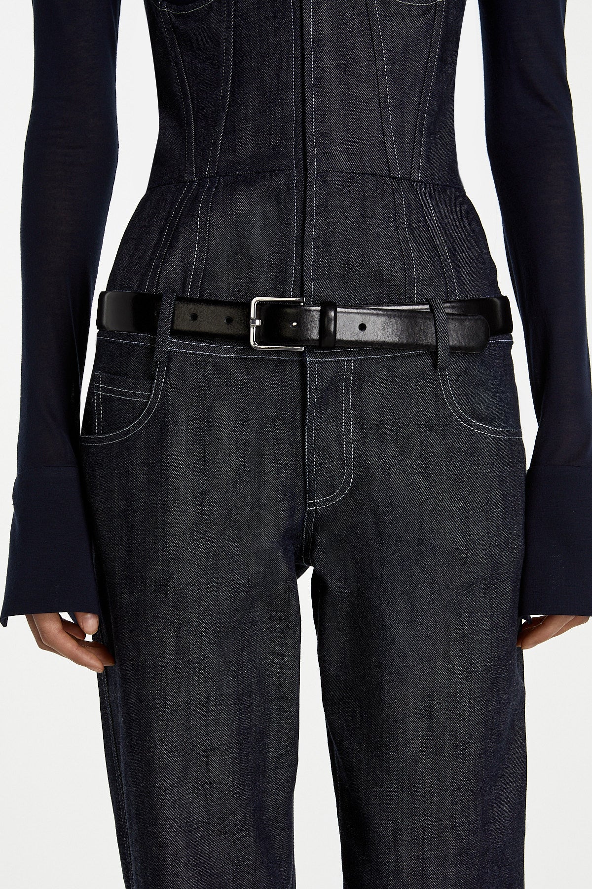 SHAO dark indigo denim jumpsuit detail view