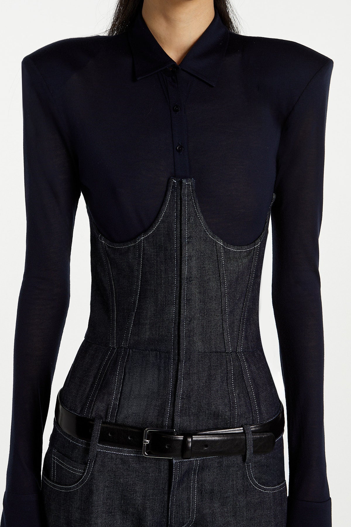 SHAO dark indigo denim jumpsuit detail view