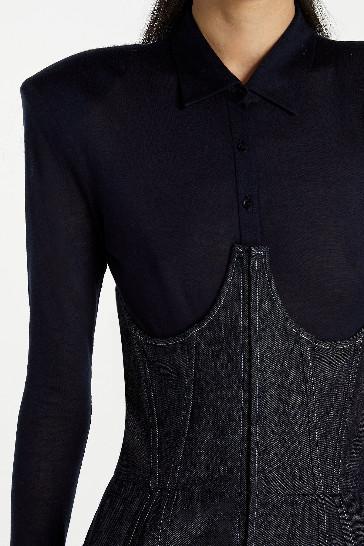 SHAO dark indigo denim jumpsuit detail view
