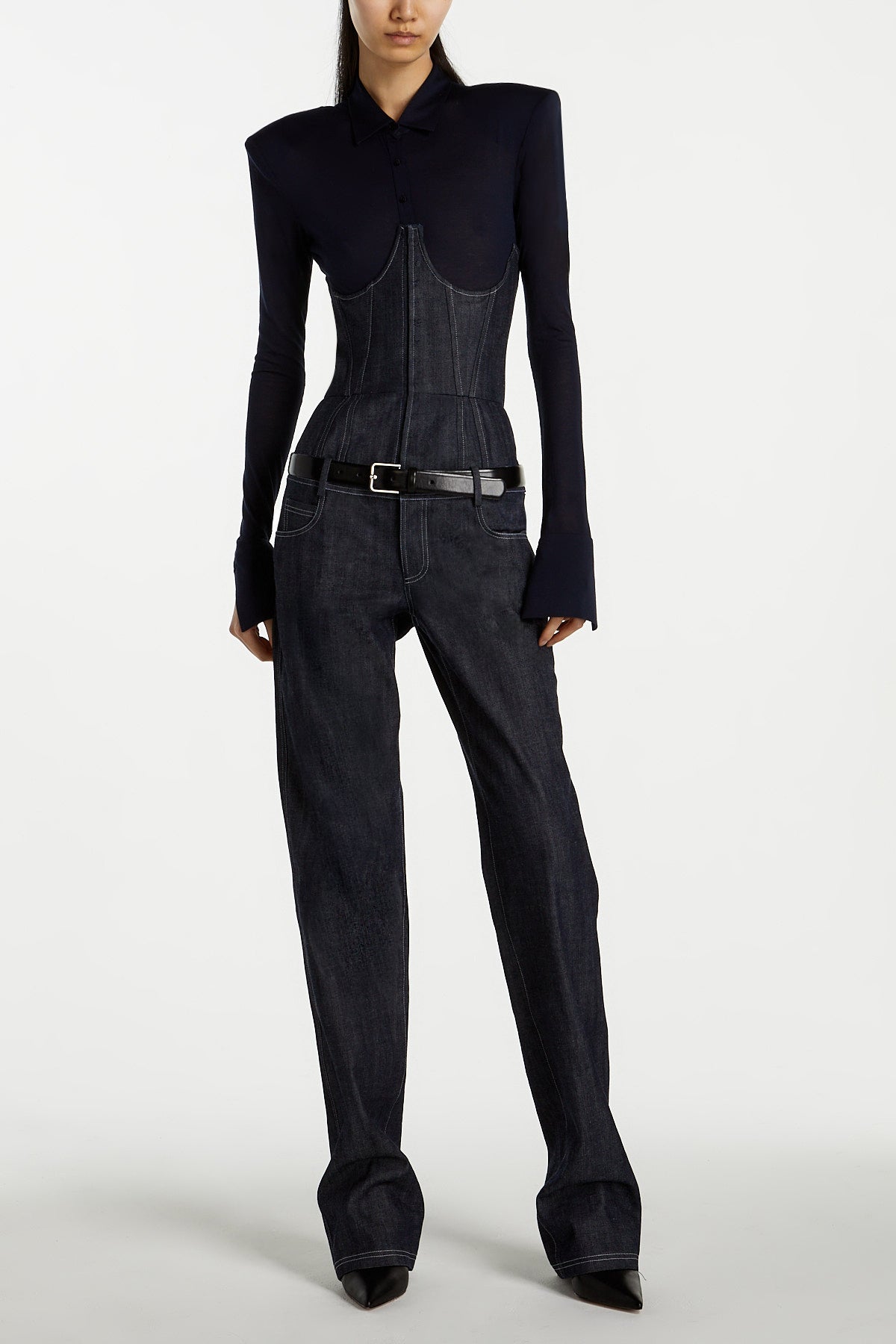SHAO dark indigo denim jumpsuit front view