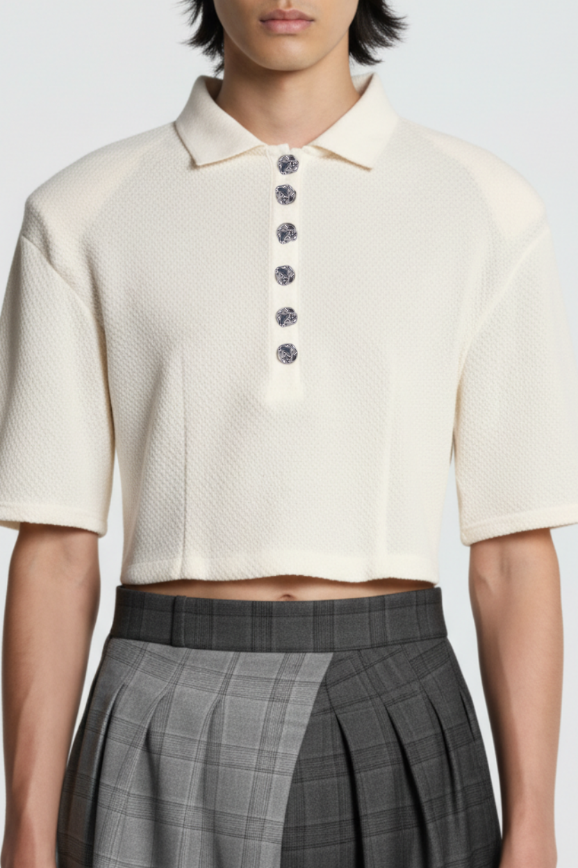 SHAO cream cropped polo top details view