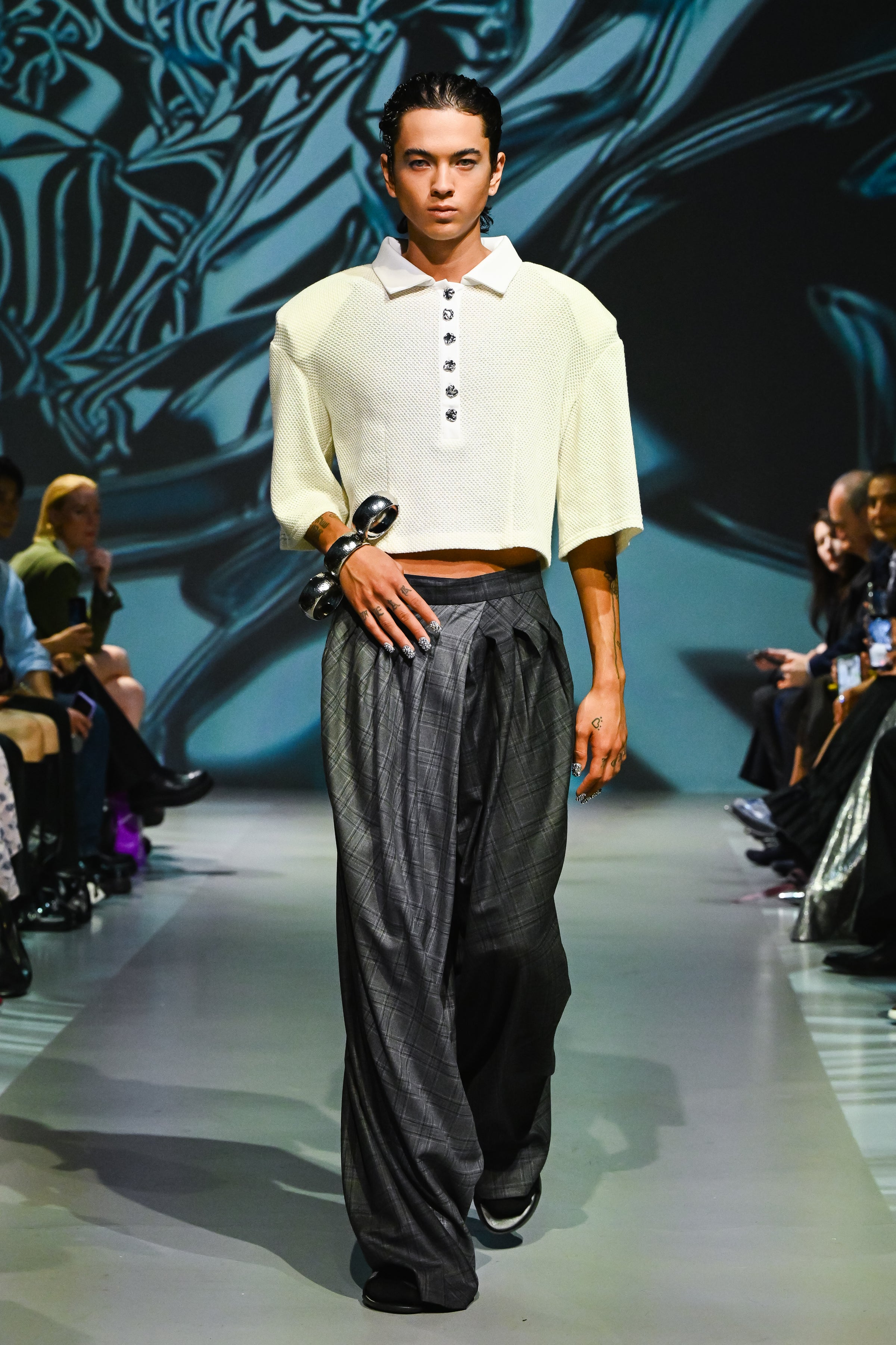 SHAO cream cropped polo top model