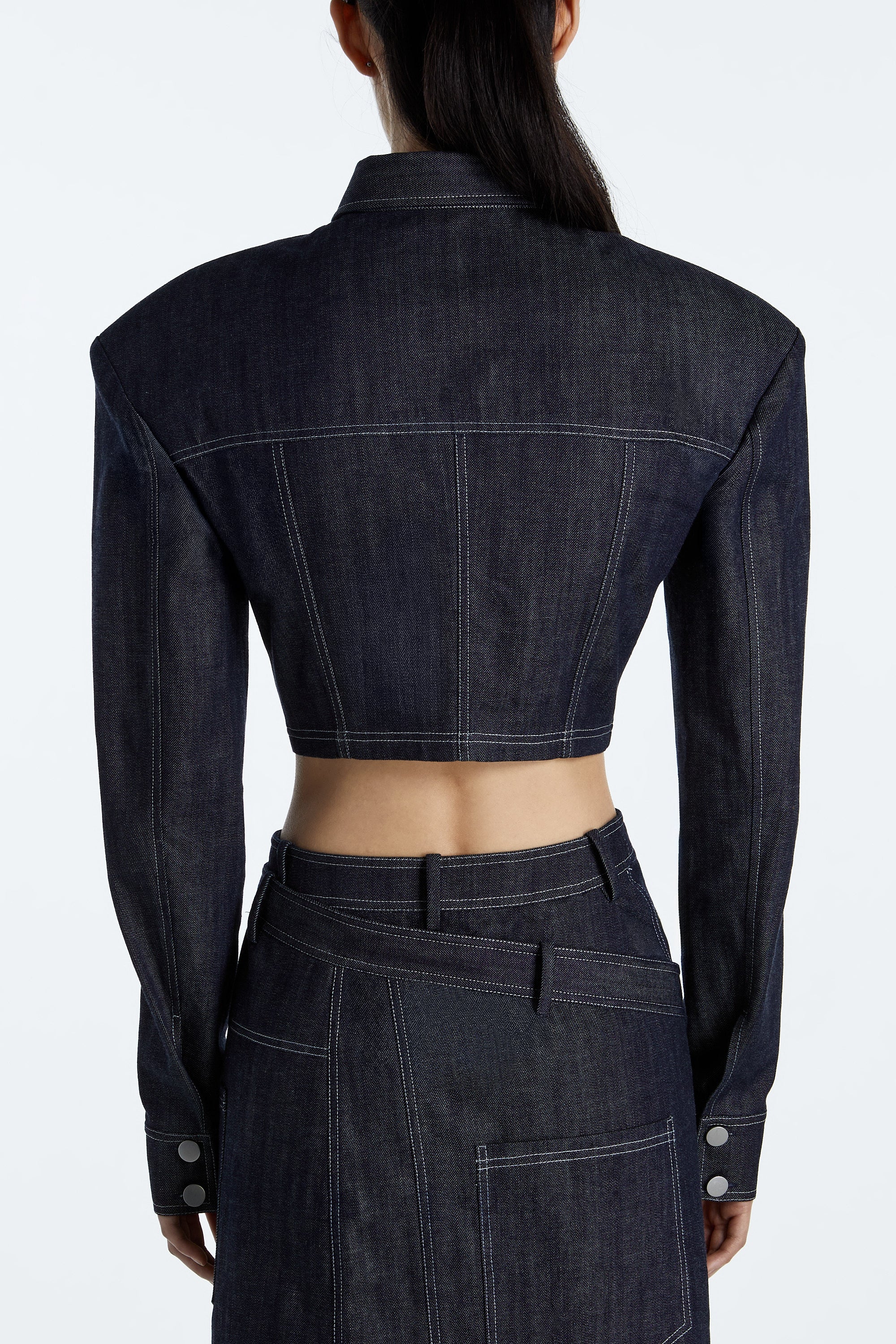 SHAO dark indigo cropped denim jacket back view