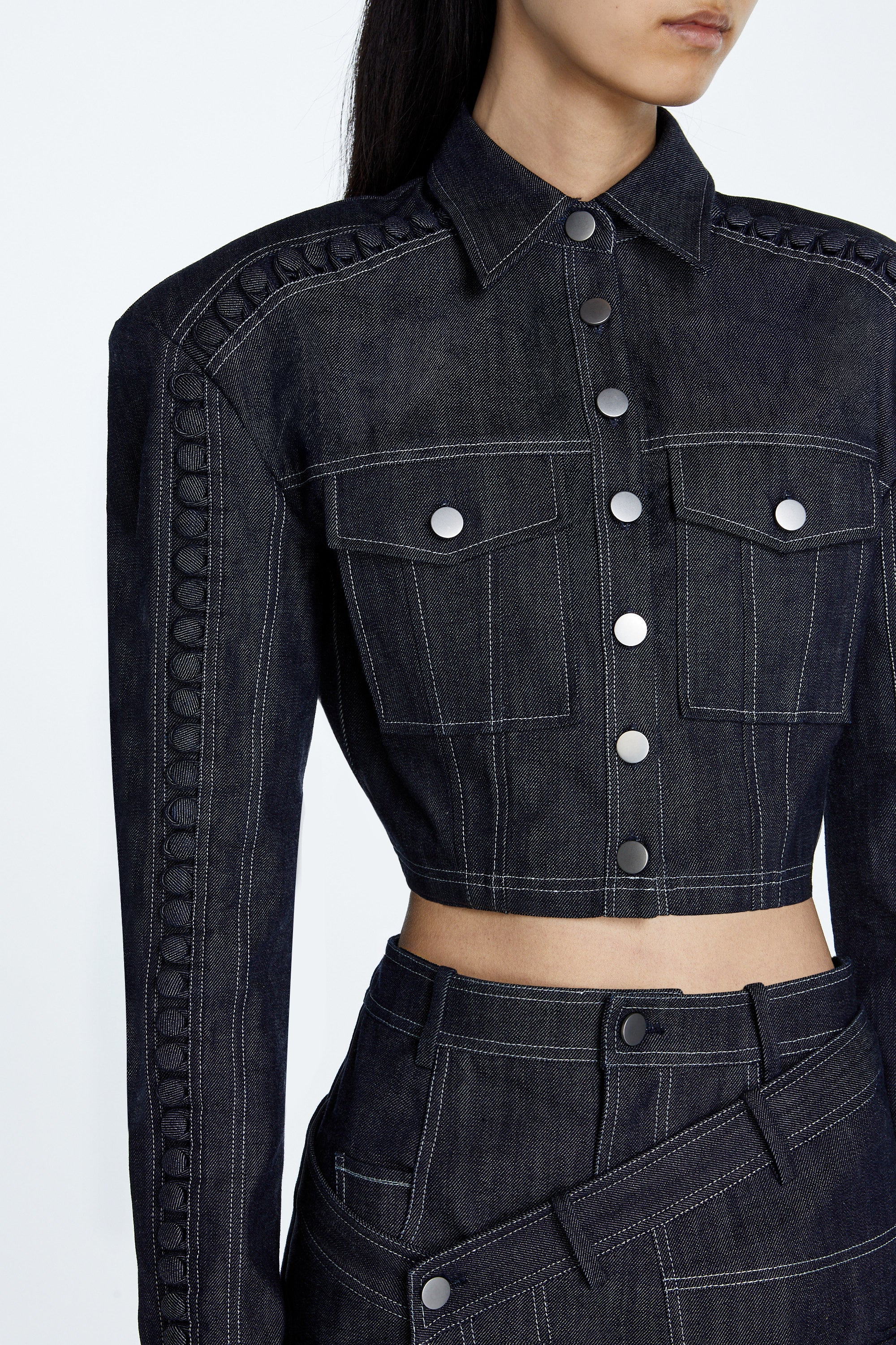 SHAO dark indigo cropped denim jacket detail view