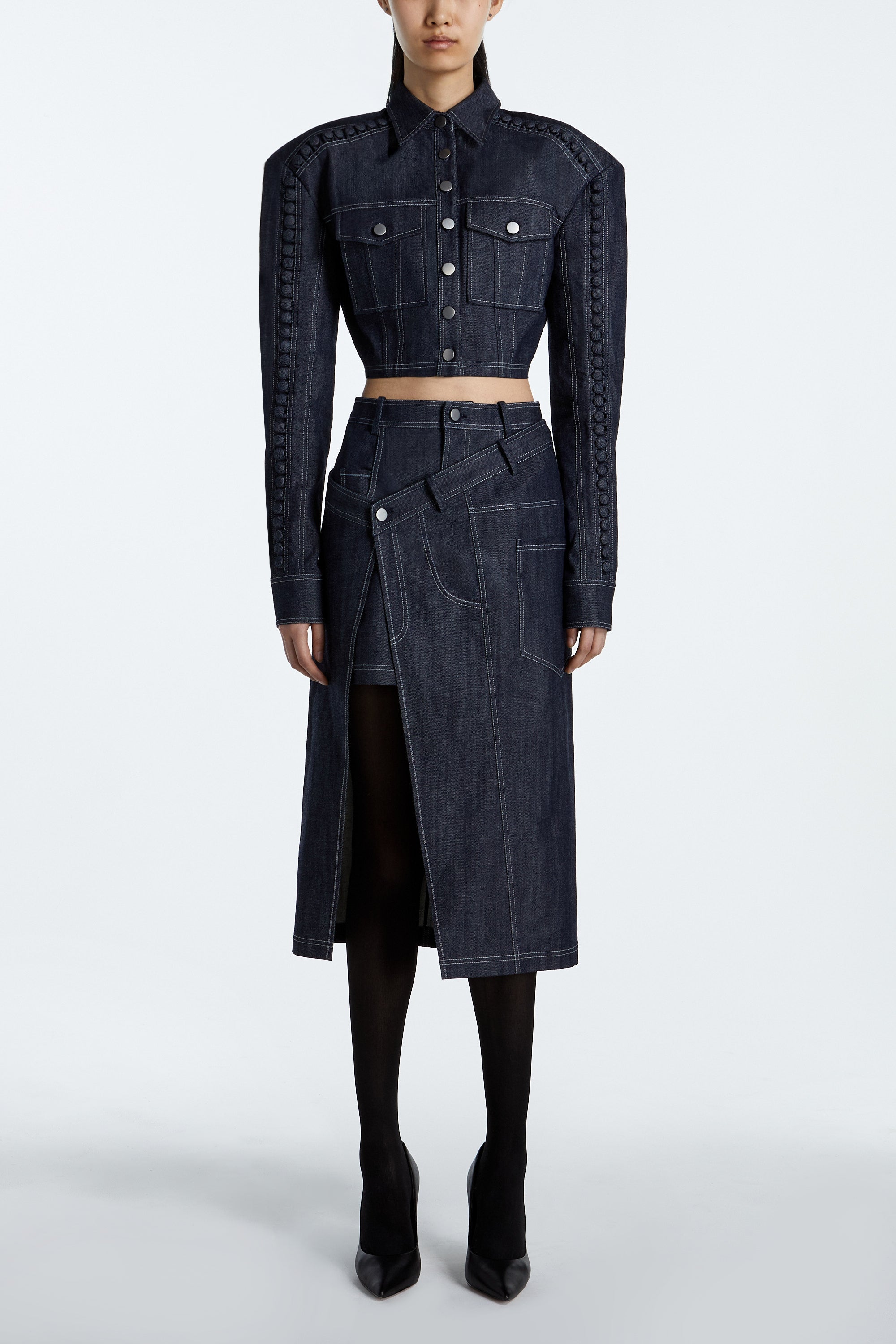 SHAO dark indigo cropped denim jacket front view