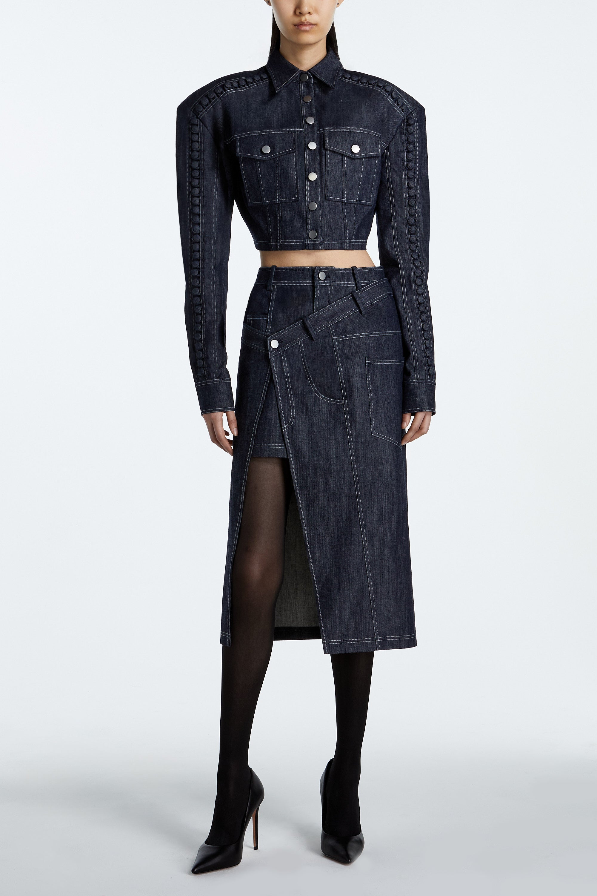 SHAO dark indigo cropped denim jacket front view