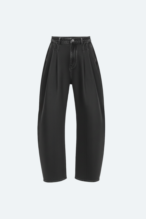 SHAO dark grey barrel-leg pleated denim trouser front view