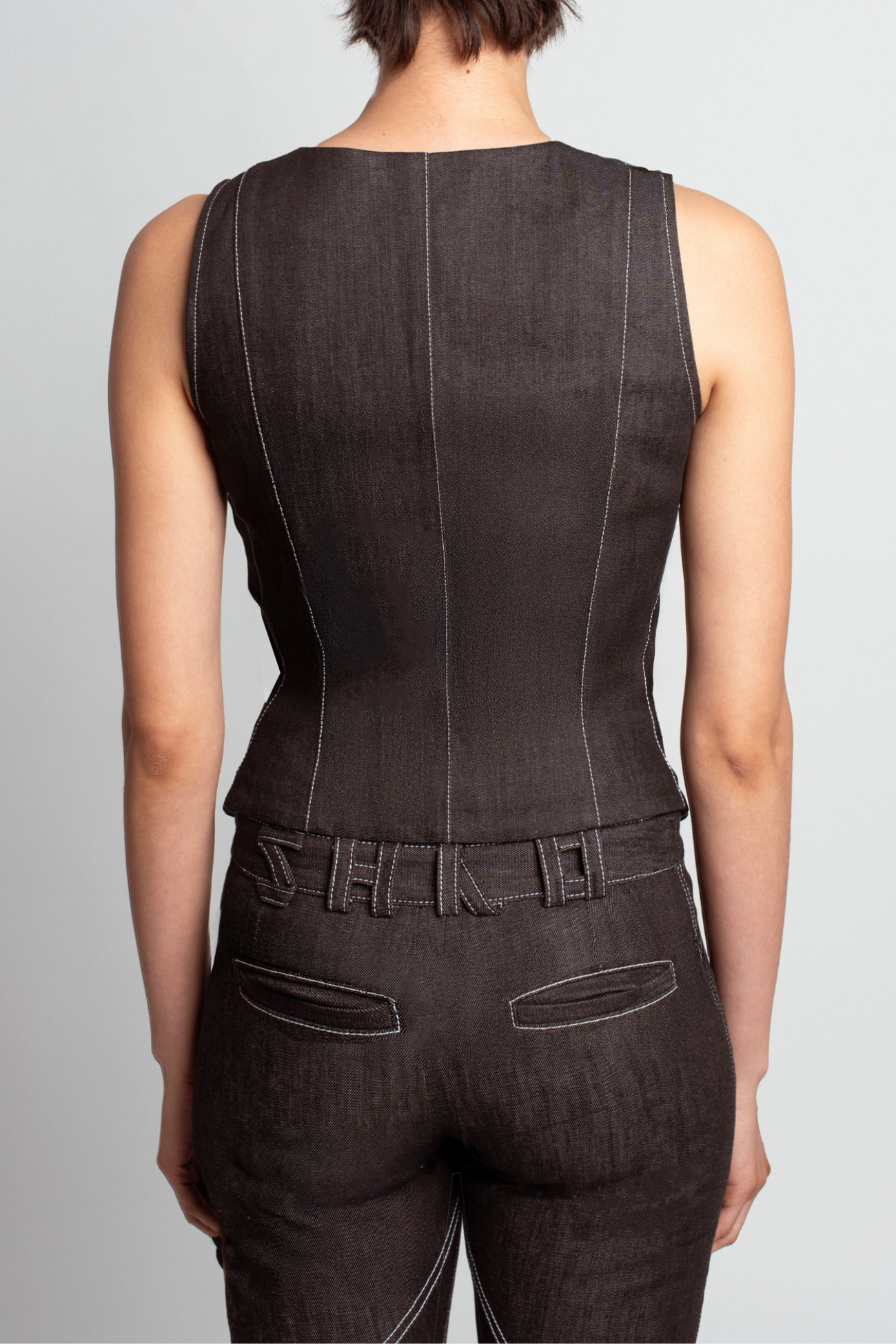 SHAO dark grey fitted denim vest back view