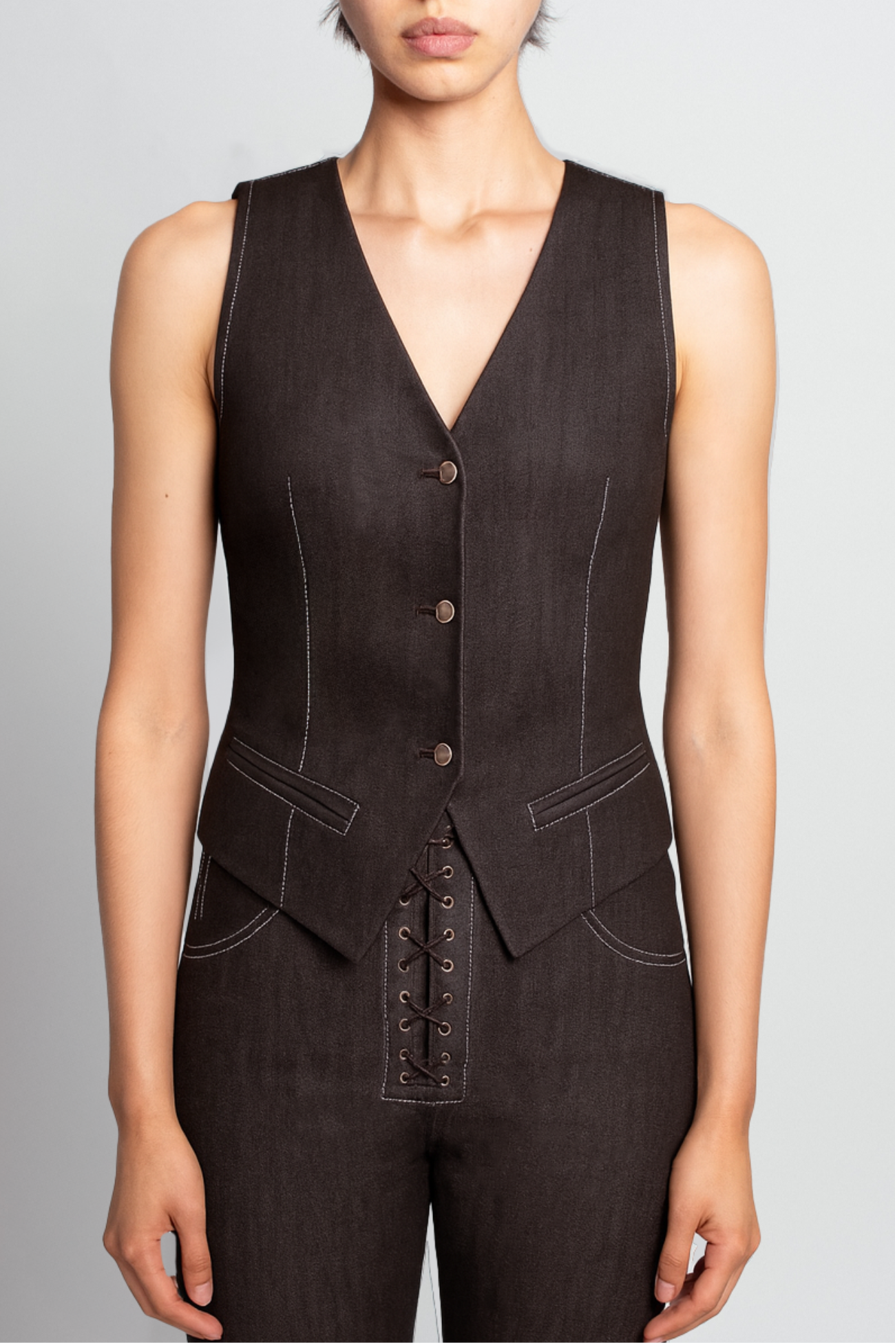 SHAO dark grey fitted denim vest front view