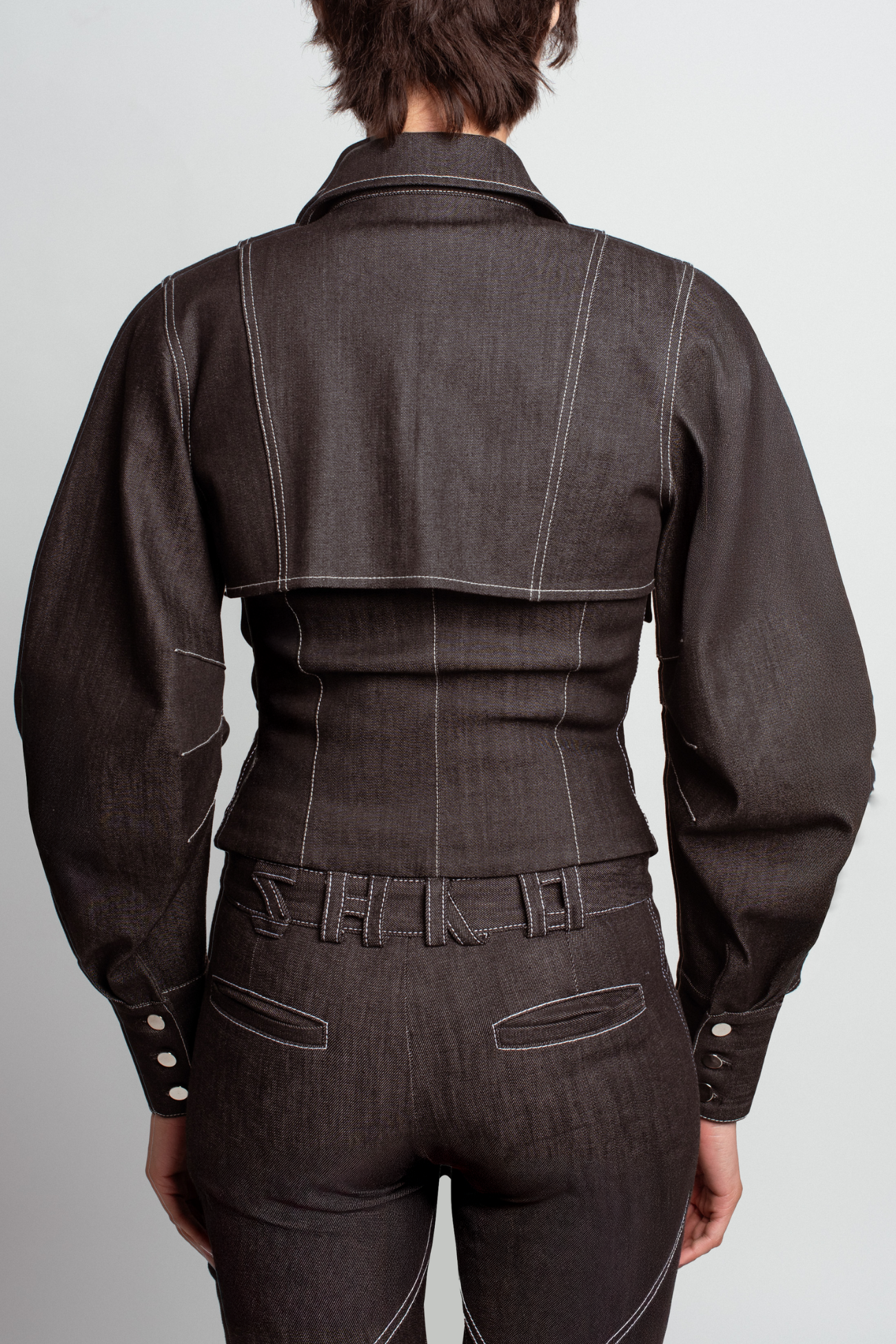 SHAO dark grey structured denim jacket back view