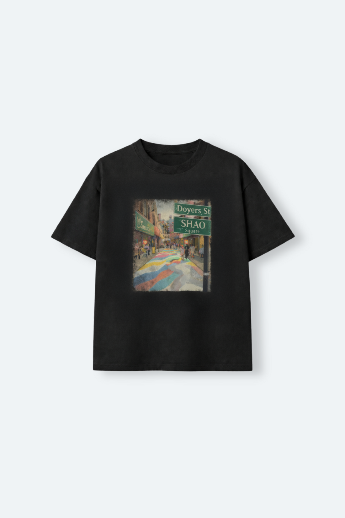 Black t-shirt with a colorful graphic on a white background