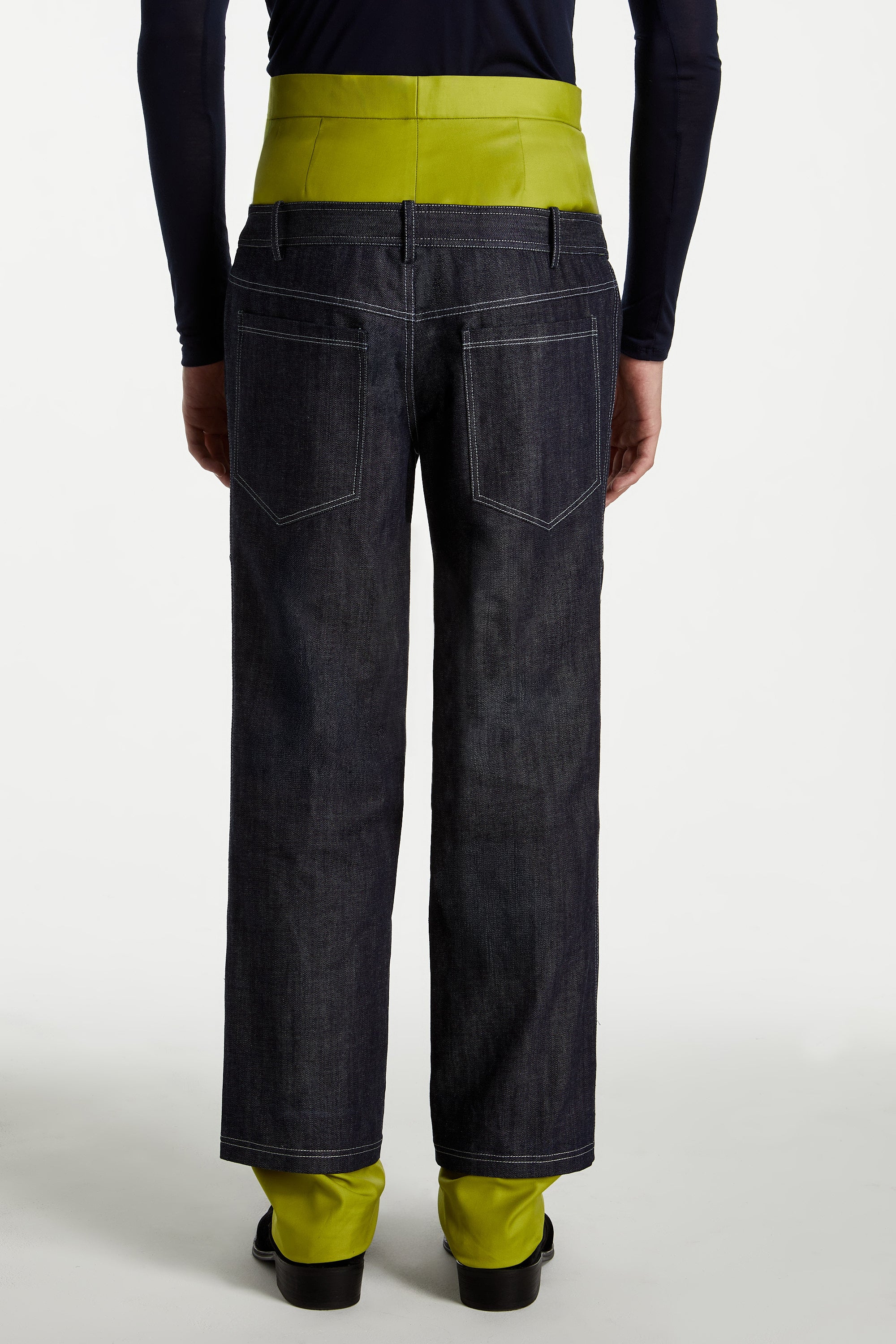 SHAO chartreuse and dark indigo pants back view