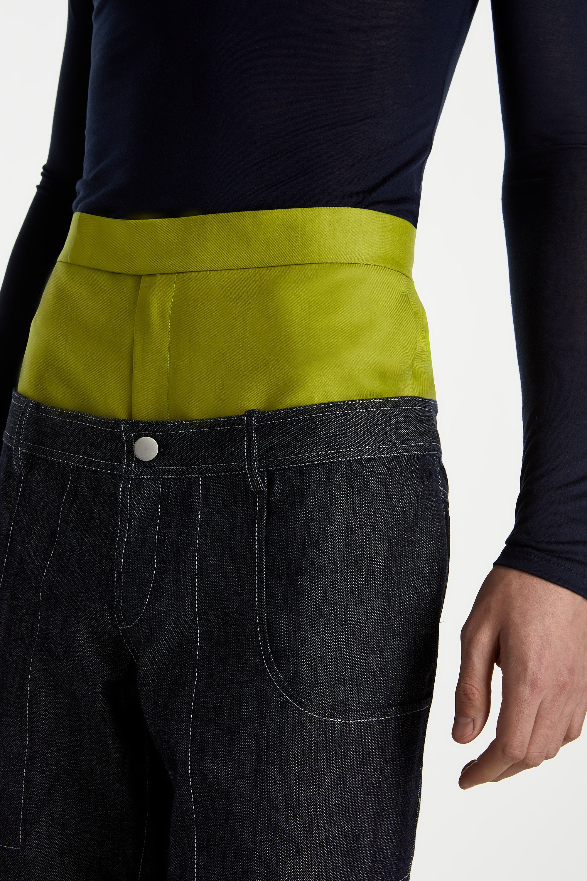 SHAO chartreuse and dark indigo pants detail view
