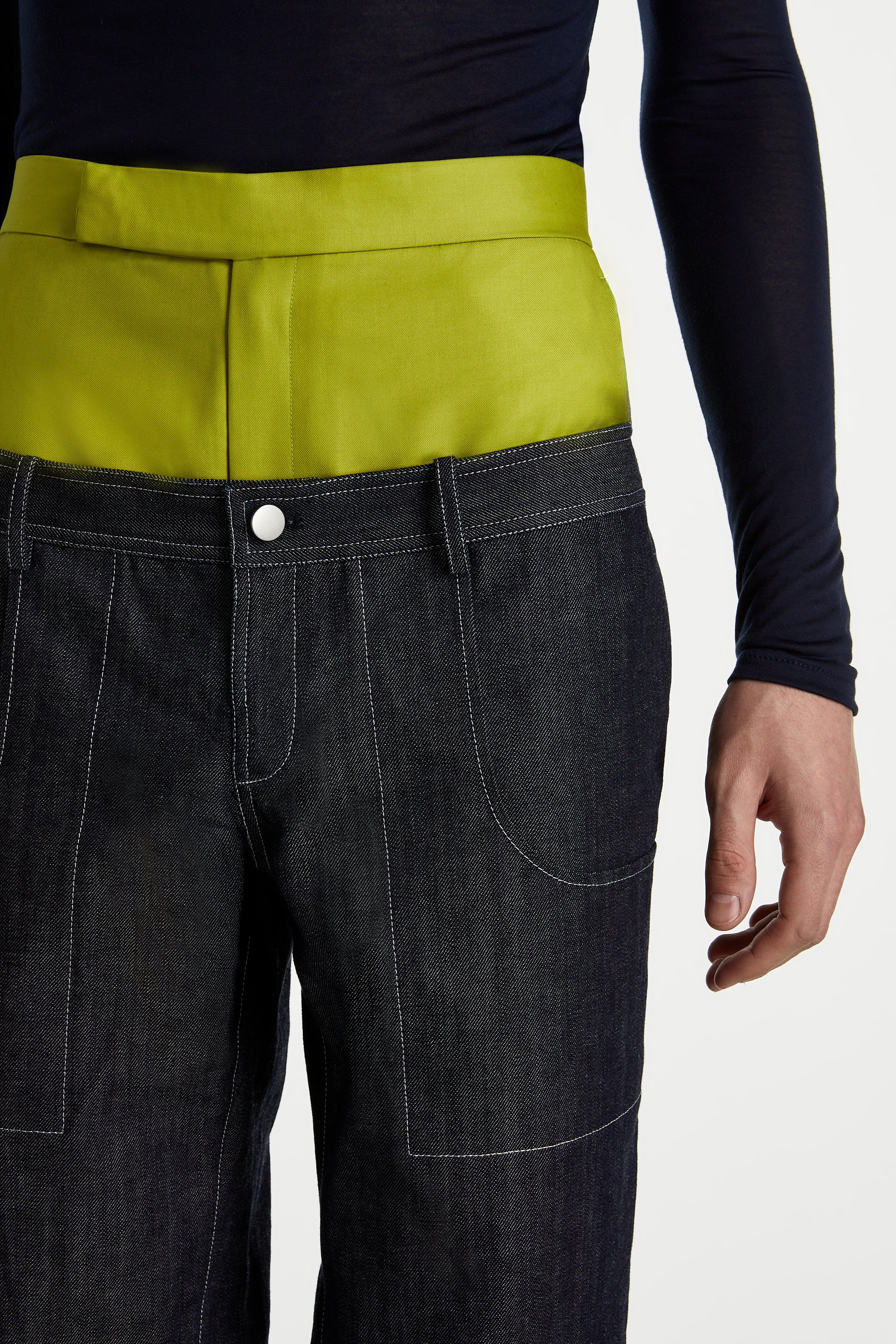 SHAO chartreuse and dark indigo pants detail view