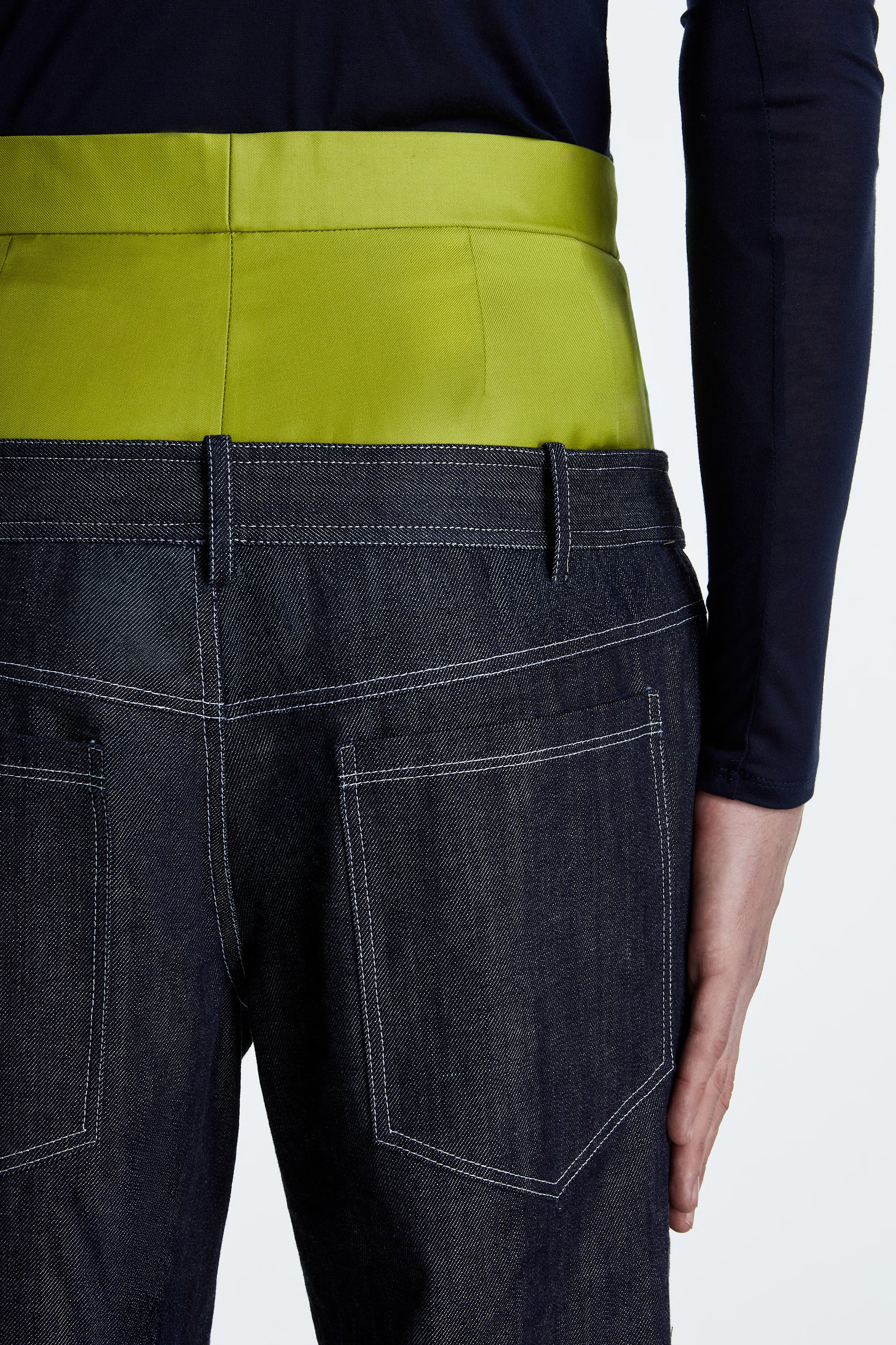SHAO chartreuse and dark indigo pants detail view