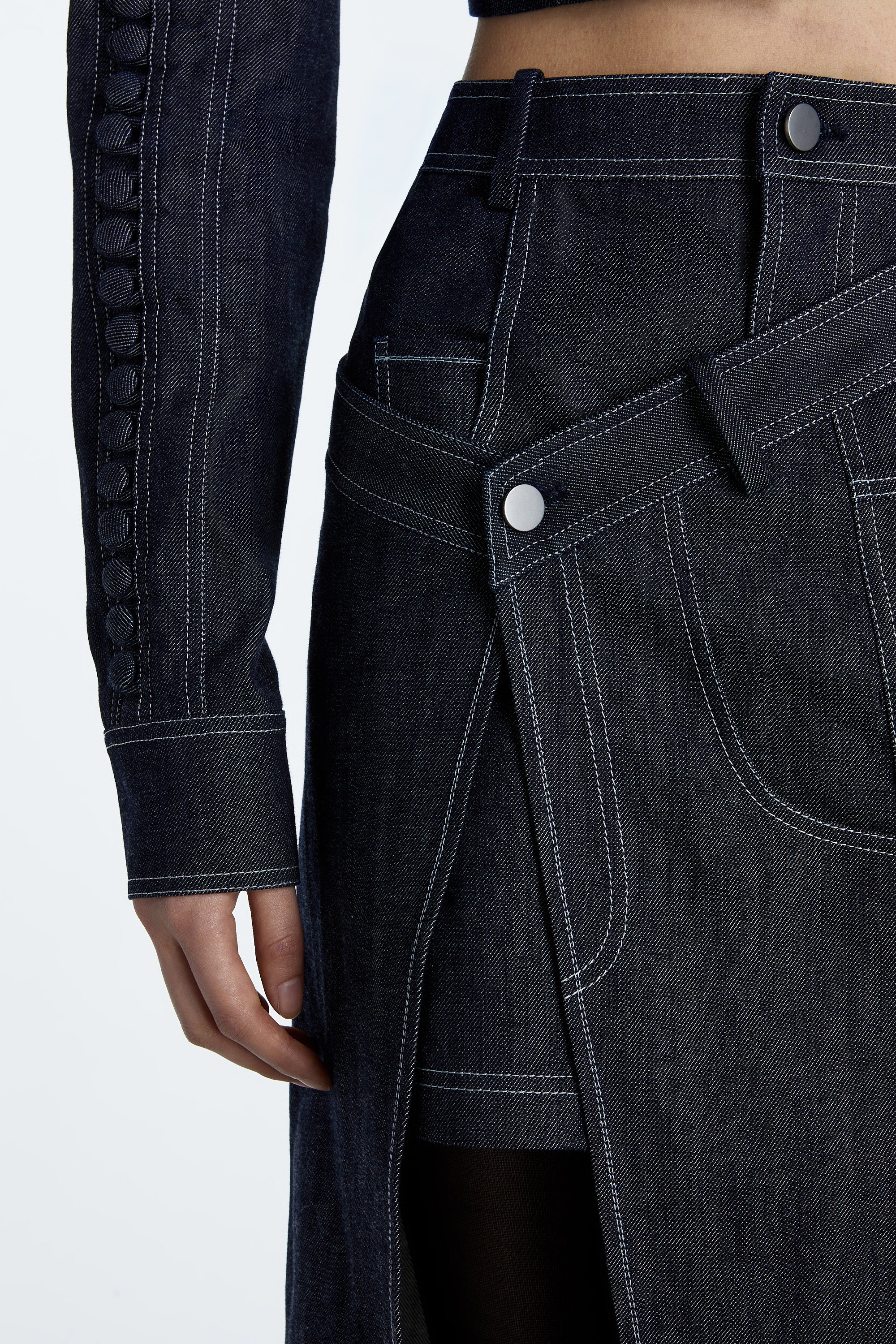 SHAO dark indigo denim skirt detail view