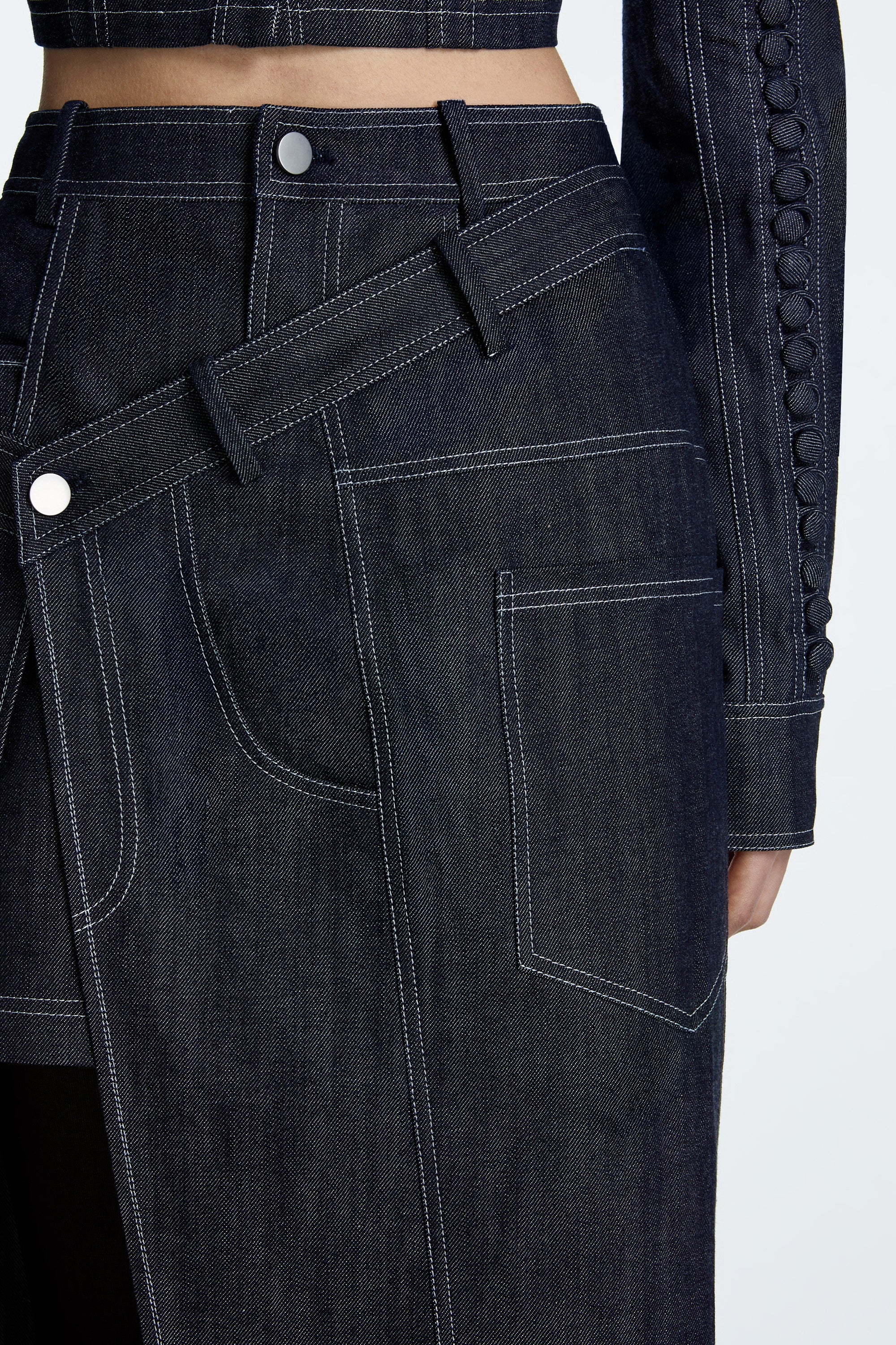 SHAO dark indigo denim skirt detail view