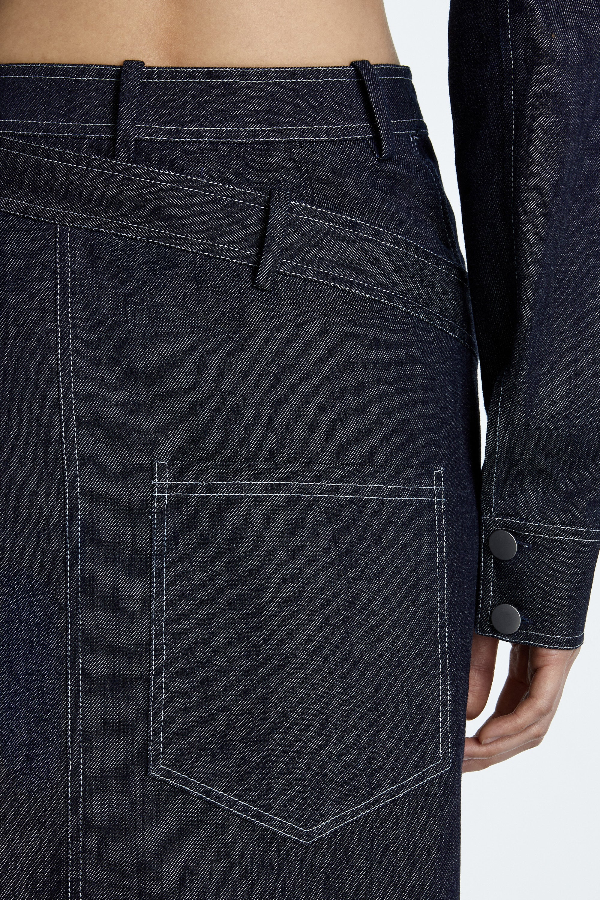 SHAO dark indigo denim skirt detail view