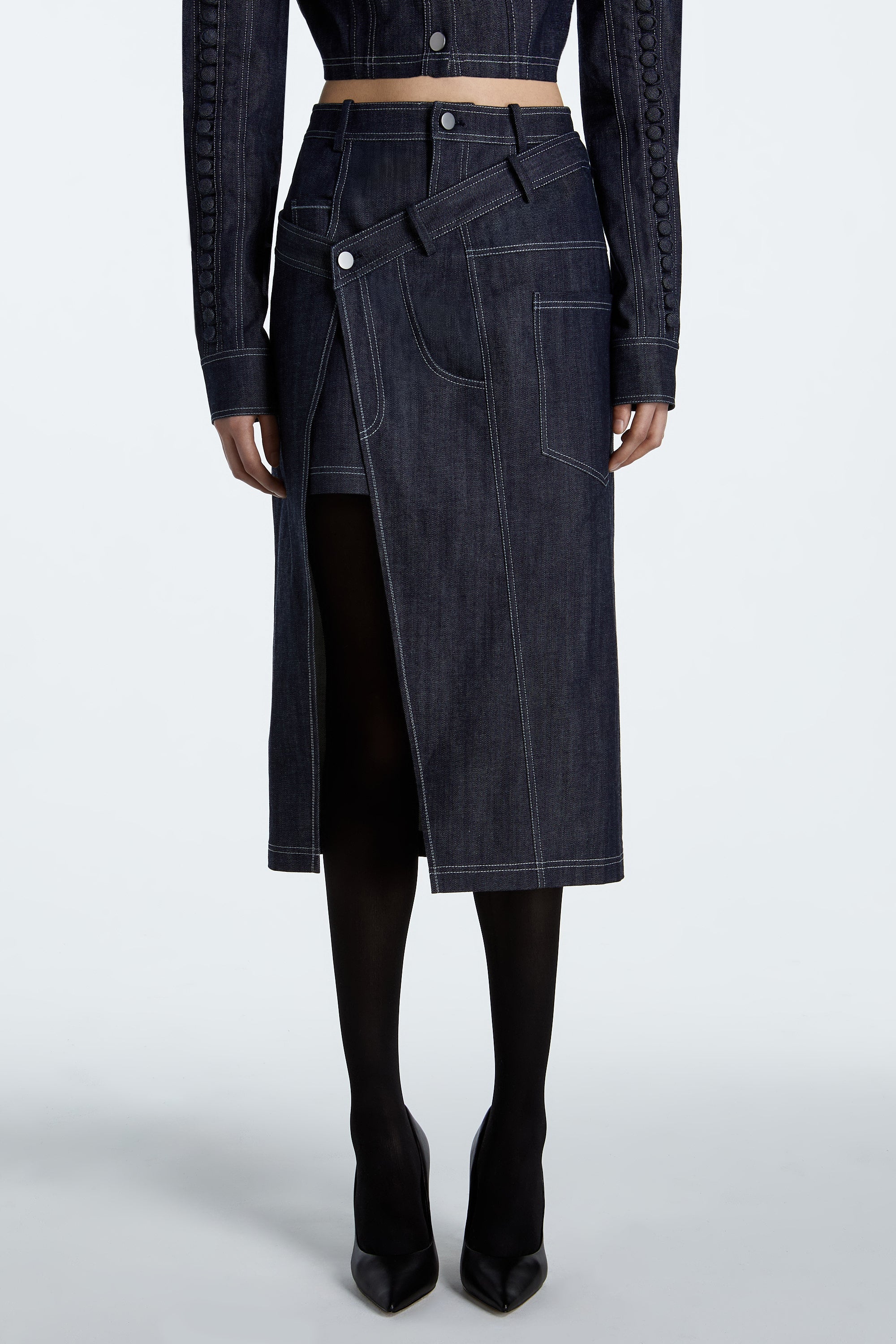 SHAO dark indigo denim skirt front view