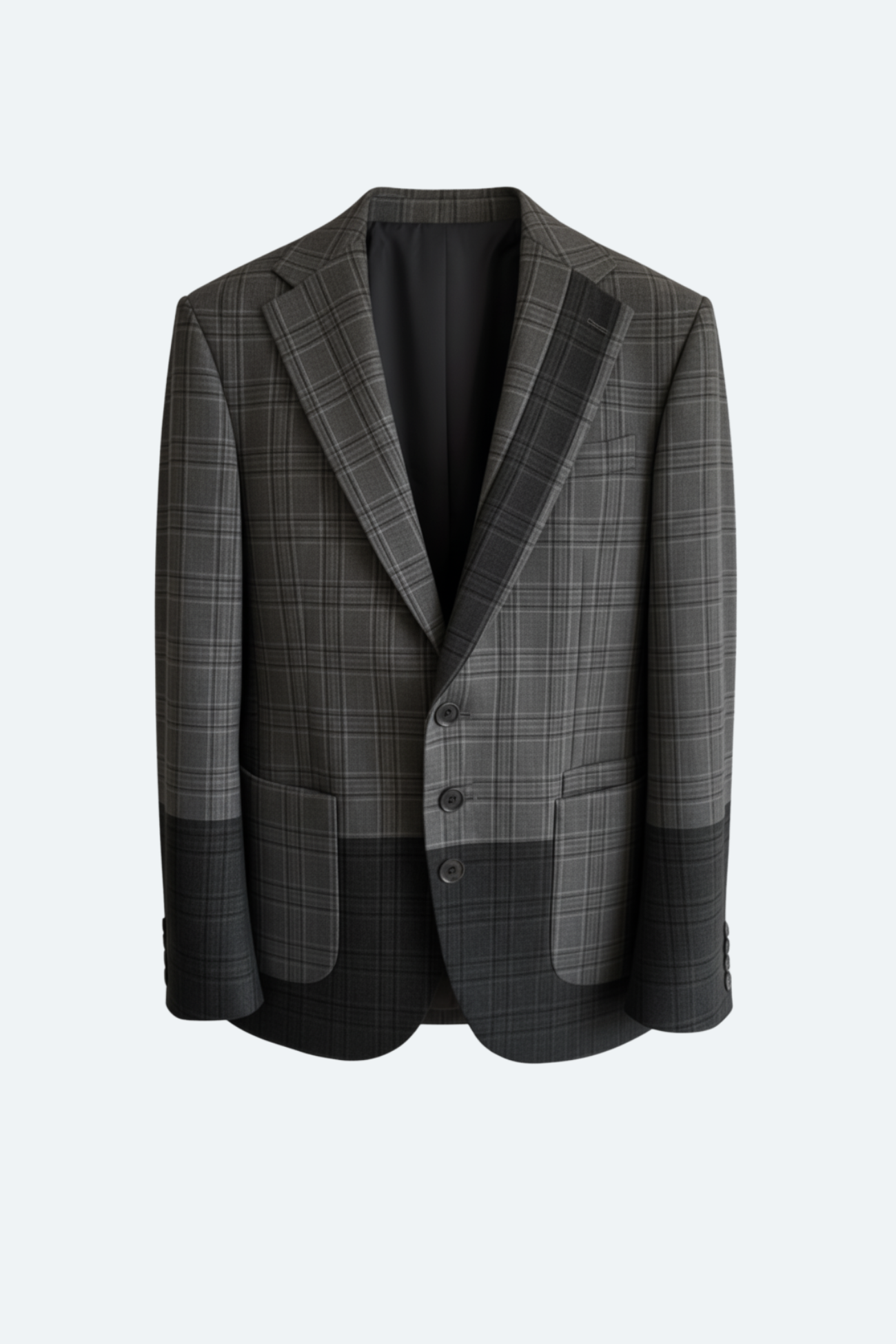 Grey black color block plaid wool blazer front view