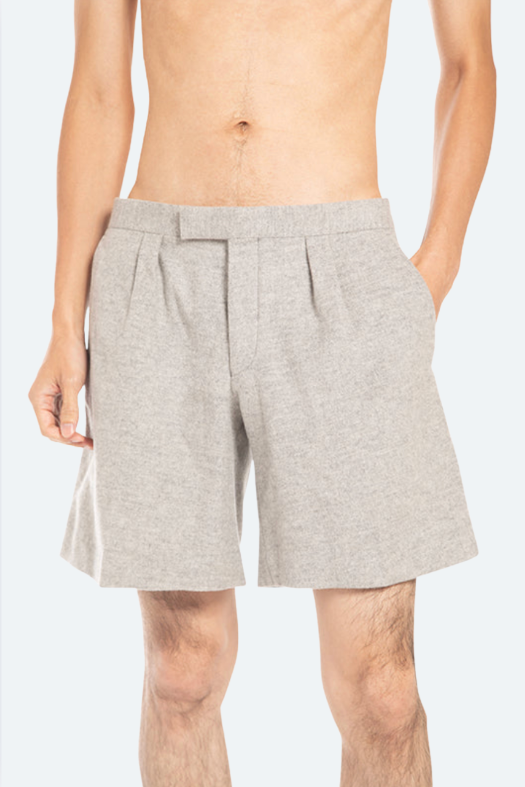 Front view grey wool flannel tailored short with clean waistband