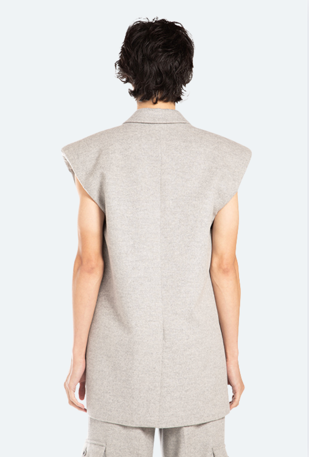 Back view grey wool flannel sleeveless blazer with single vent