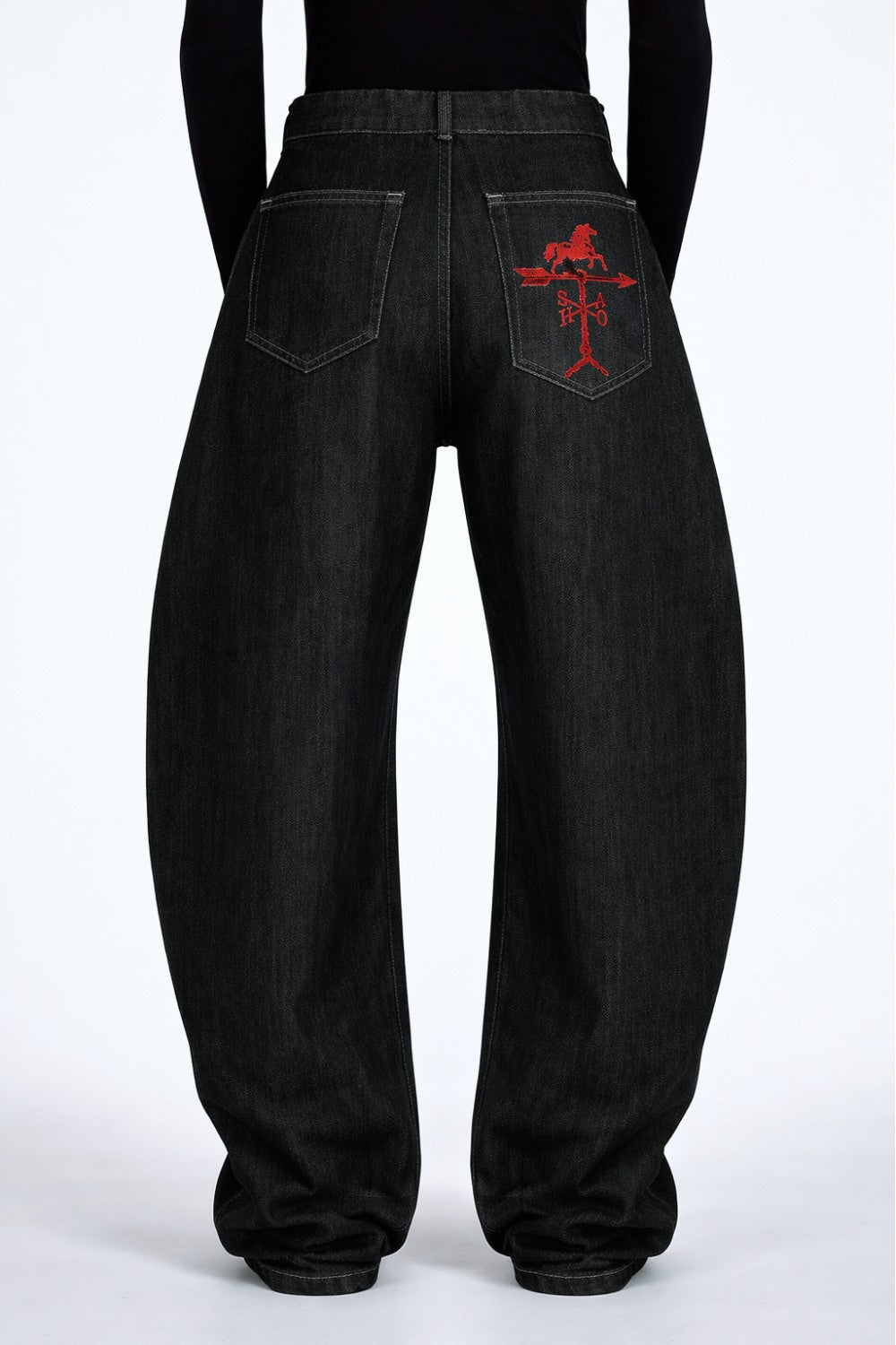 SHAO dark grey denim barrel-leg jeans side view