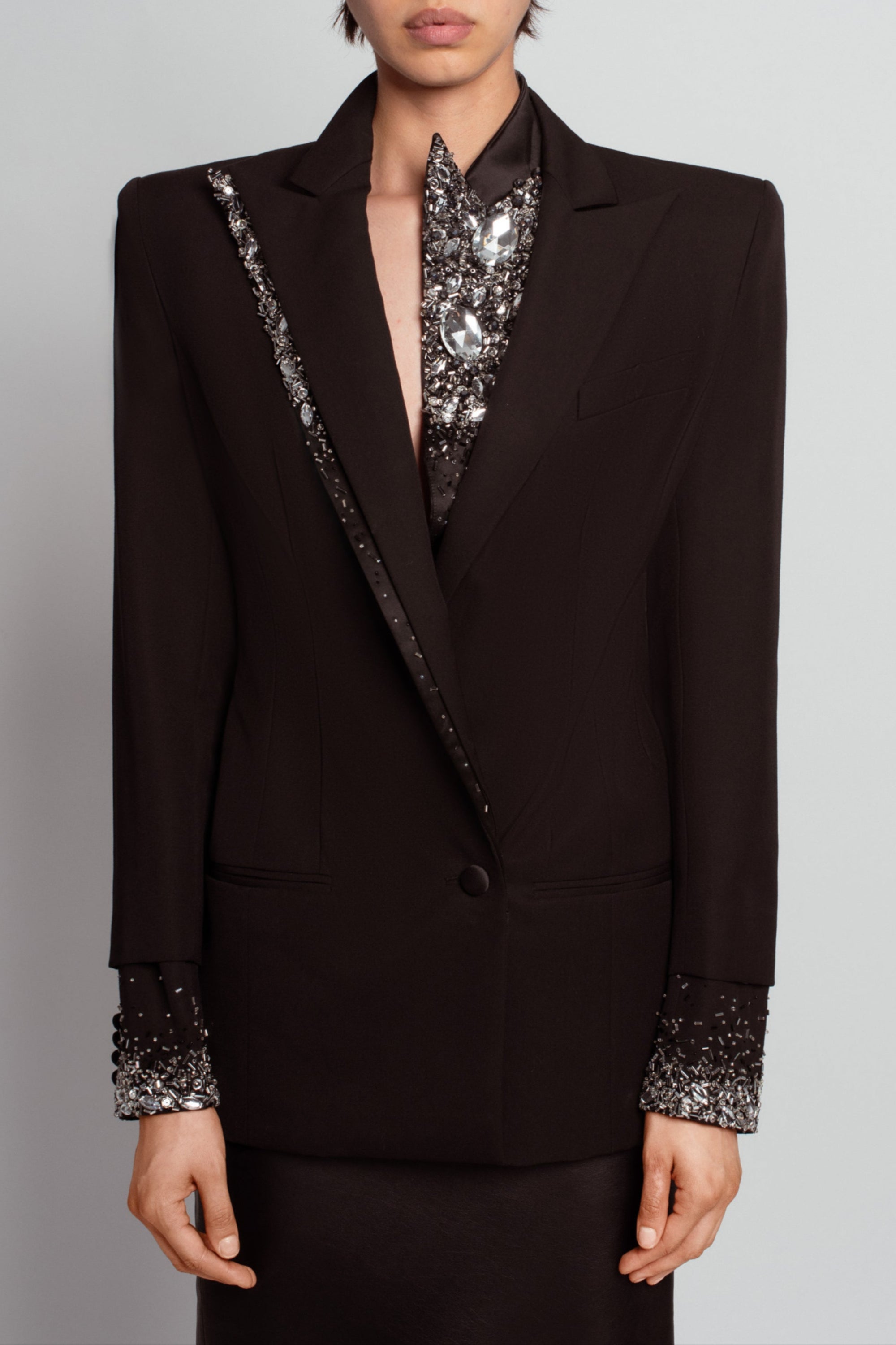SHAO jet black crystal double-breasted blazer with crystal embellishment angled view