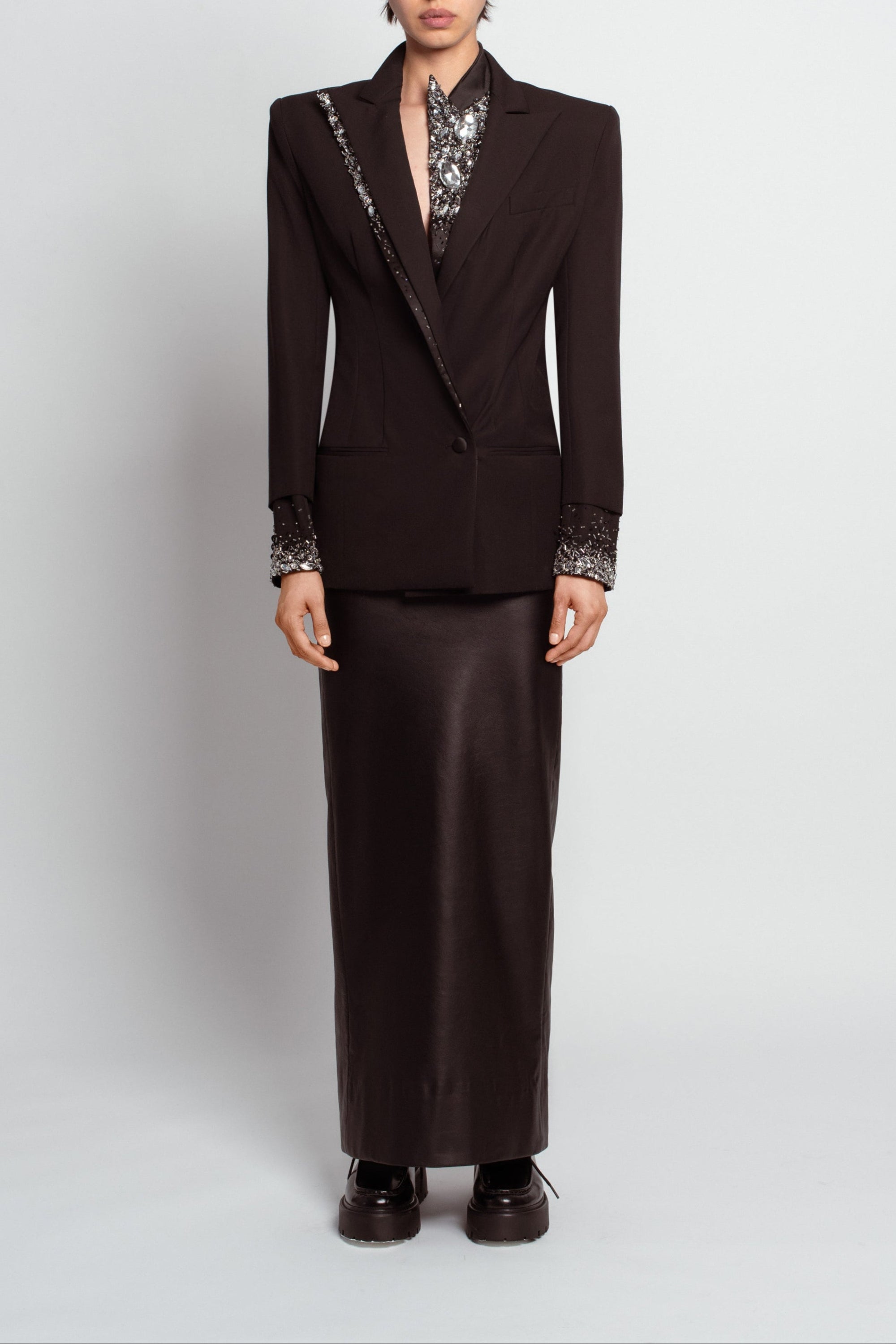 SHAO jet black crystal double-breasted blazer with sharp shoulders front view