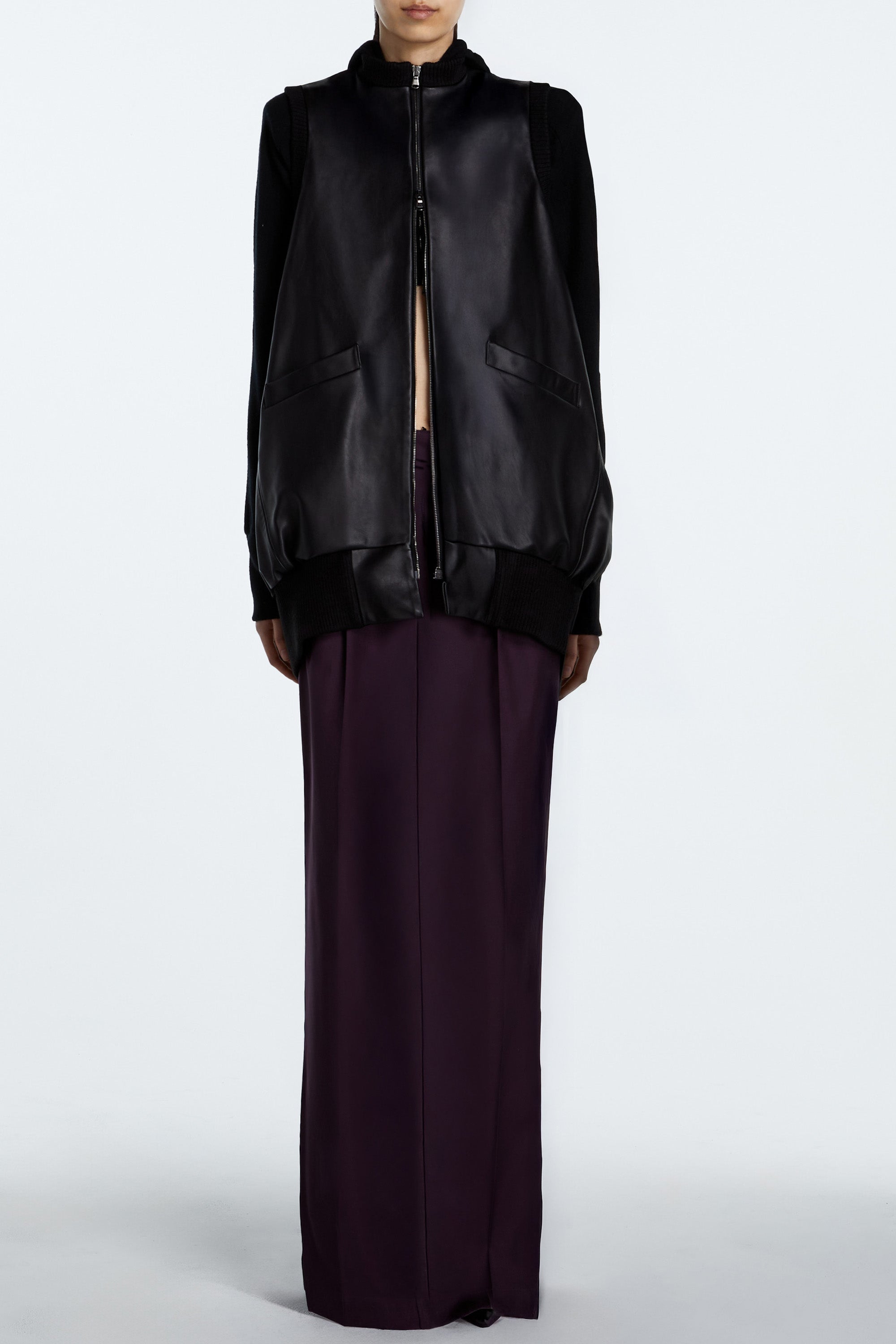 SHAO jet black leather cocoon bomber vest front view