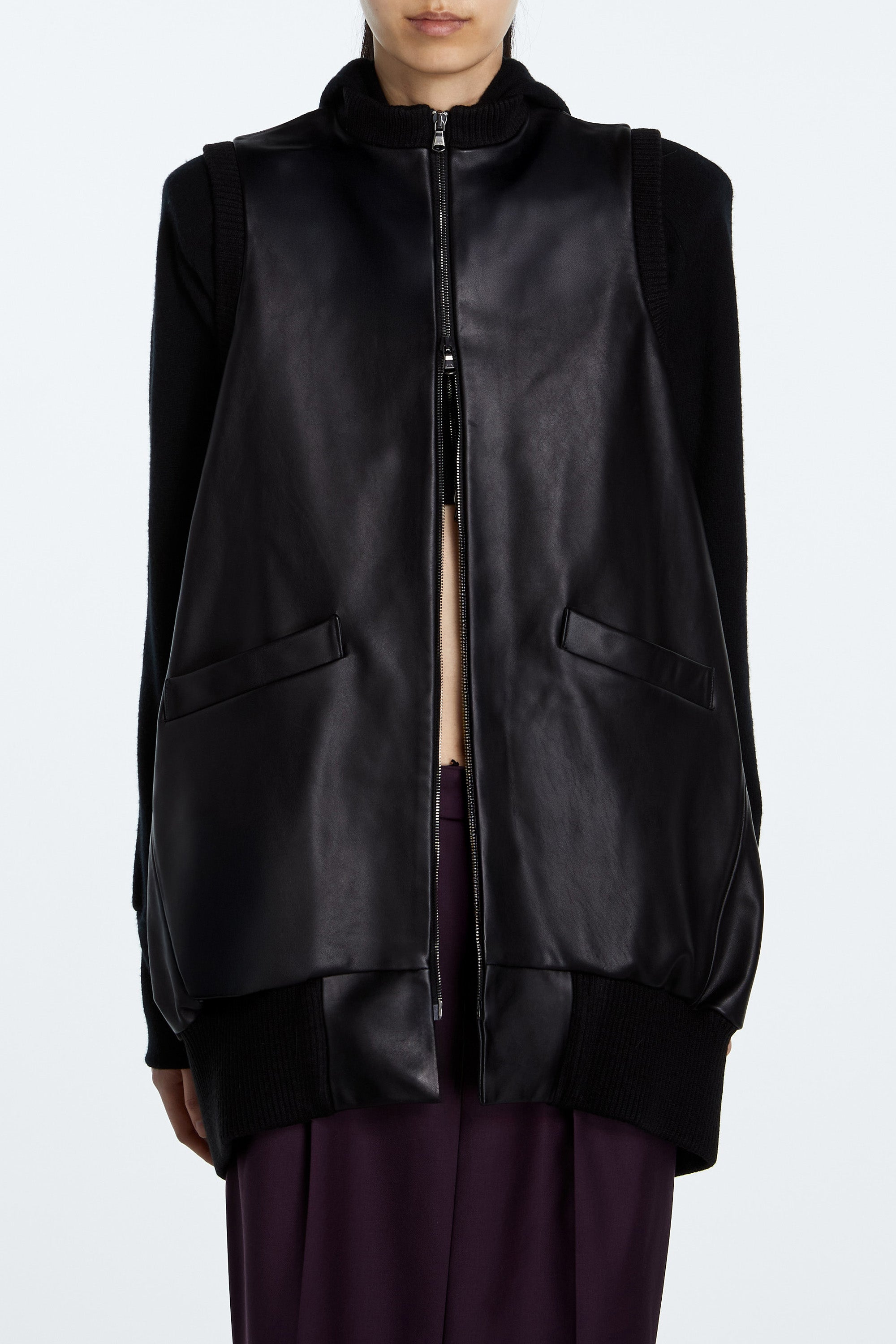 SHAO jet black leather cocoon bomber vest sculptural drape silhouette