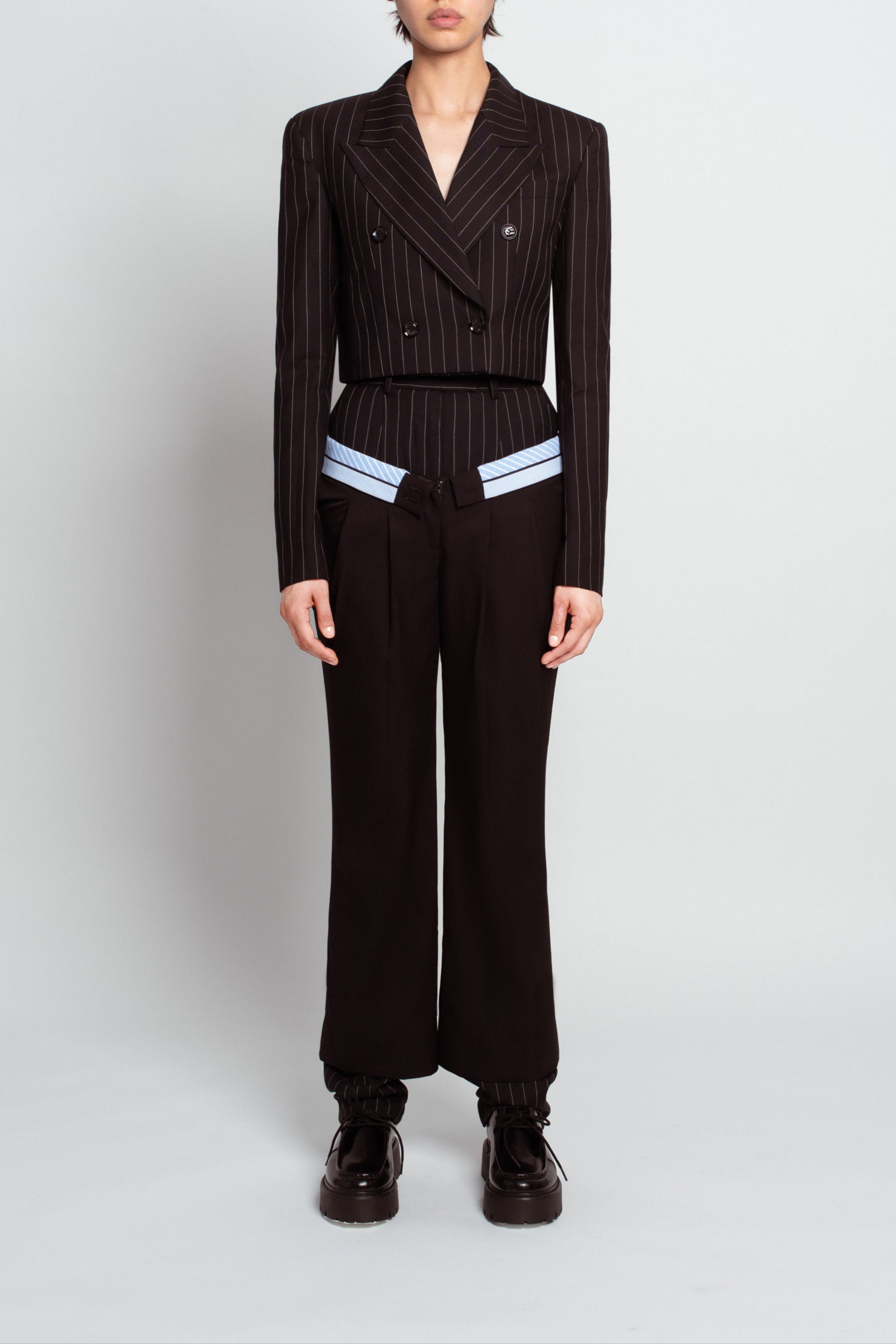 Jet black pinstripe cropped double-breasted blazer front view