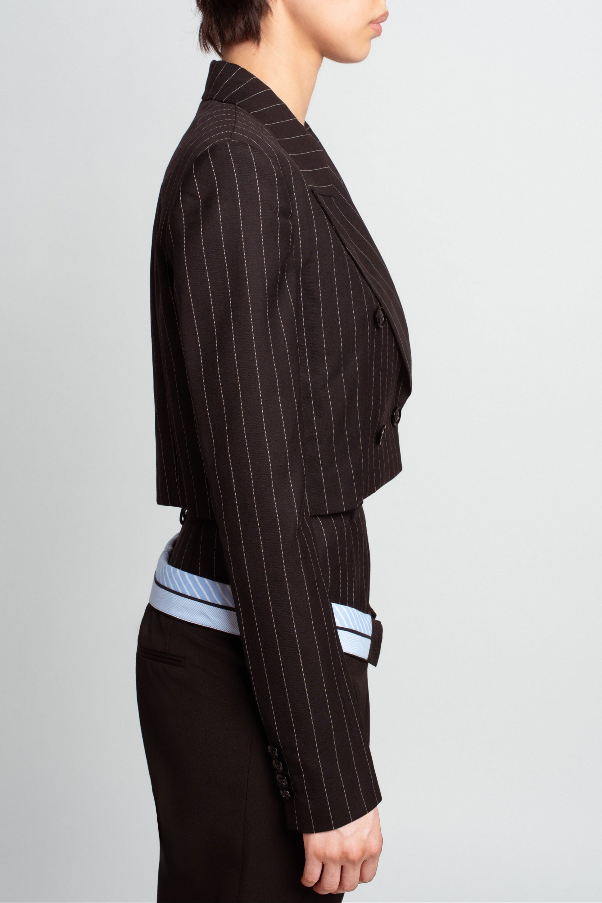 Black pinstripe cropped blazer structured side view