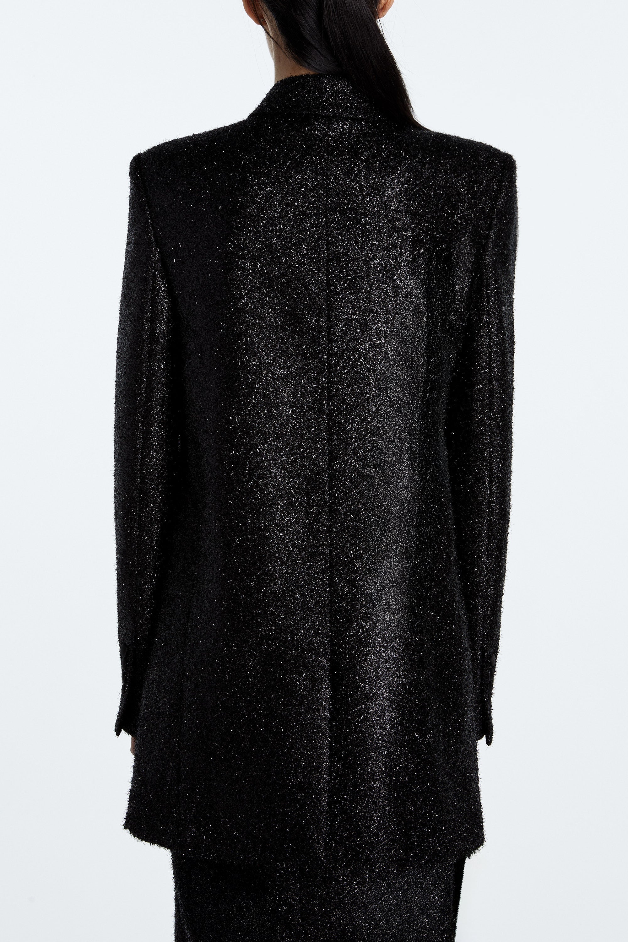 SHAO jet black sparkle suit jacket with elongated tailored silhouette full-length back
