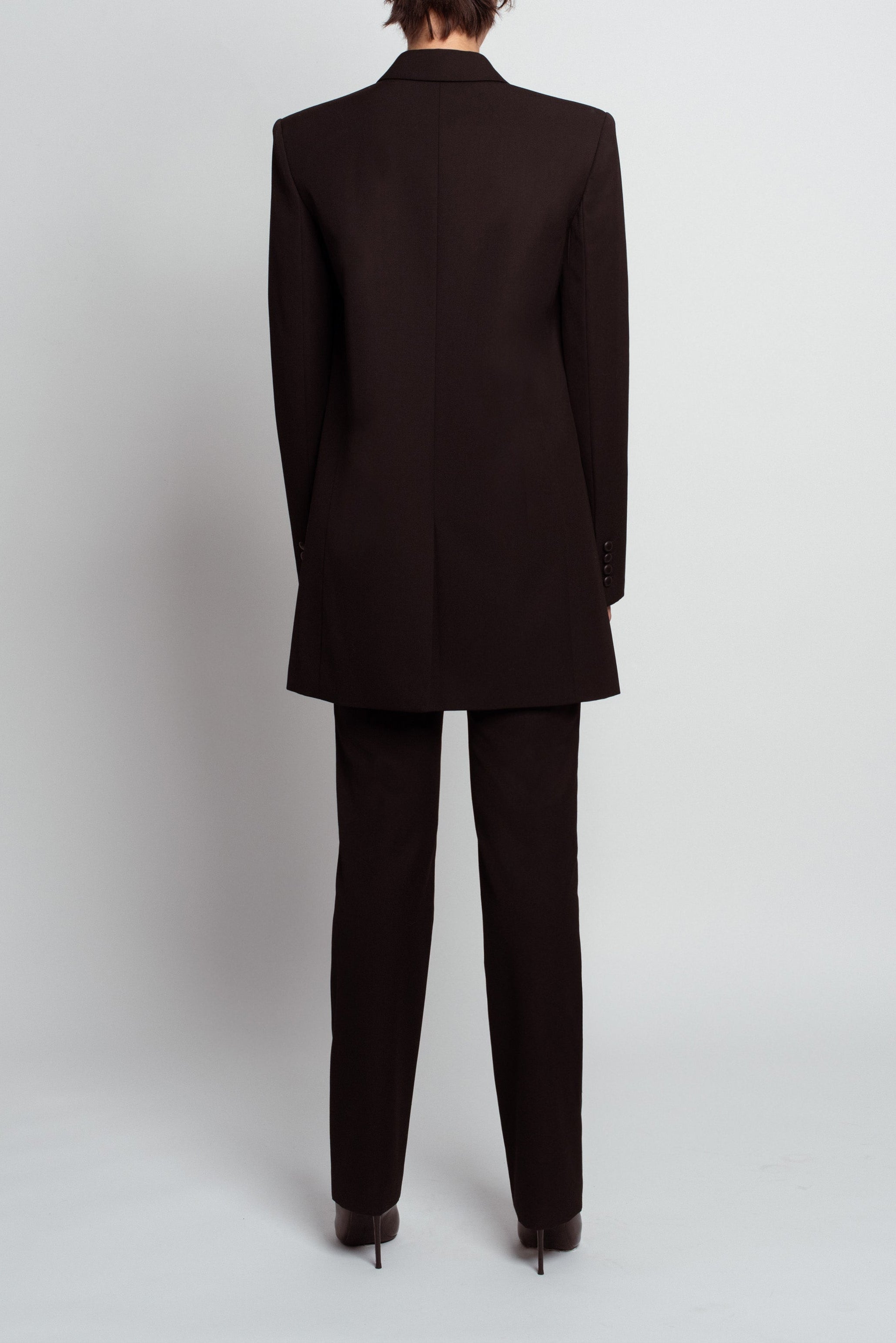 SHAO jet black wool long jacket with clean back construction