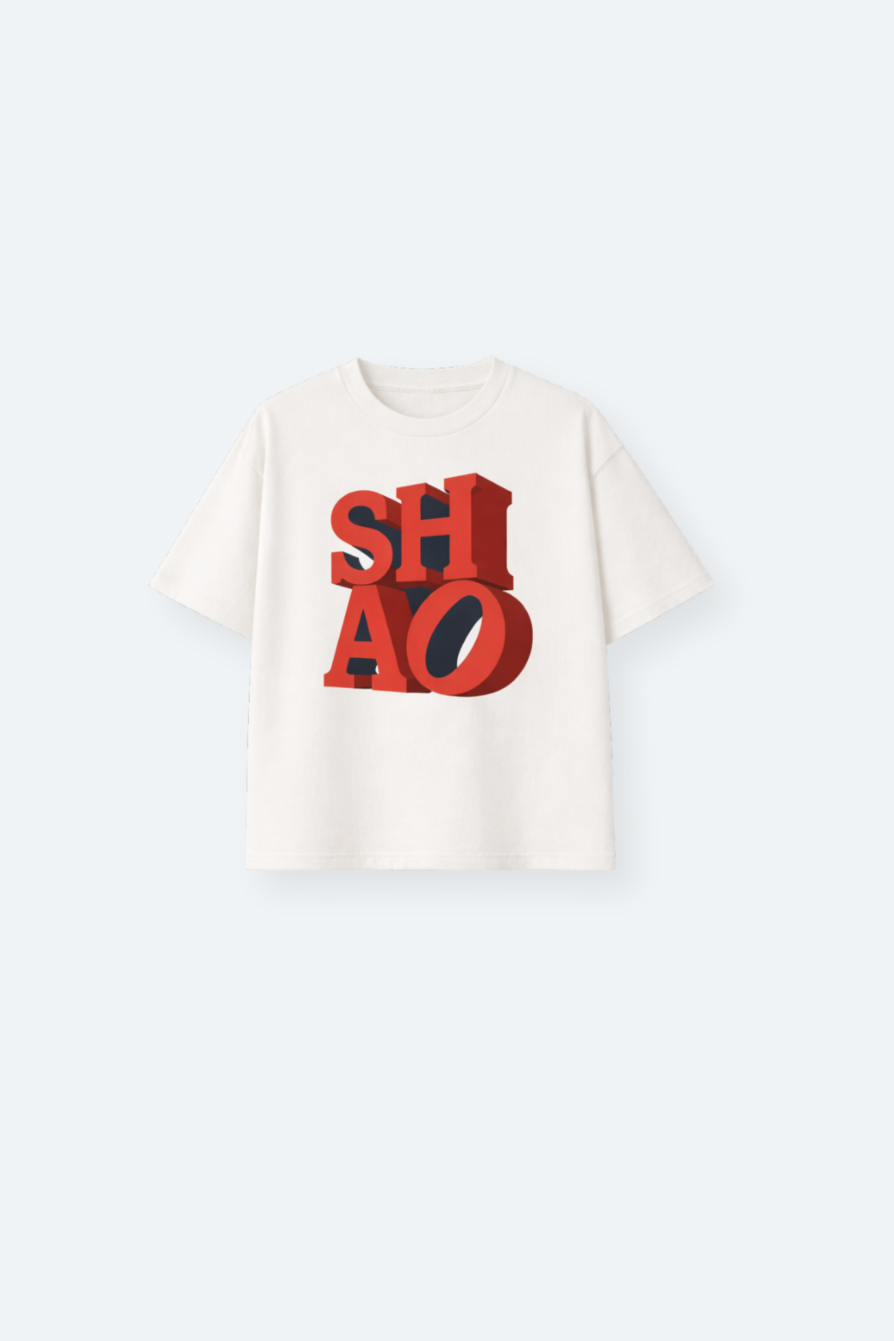 White t-shirt with red and black text on a white background