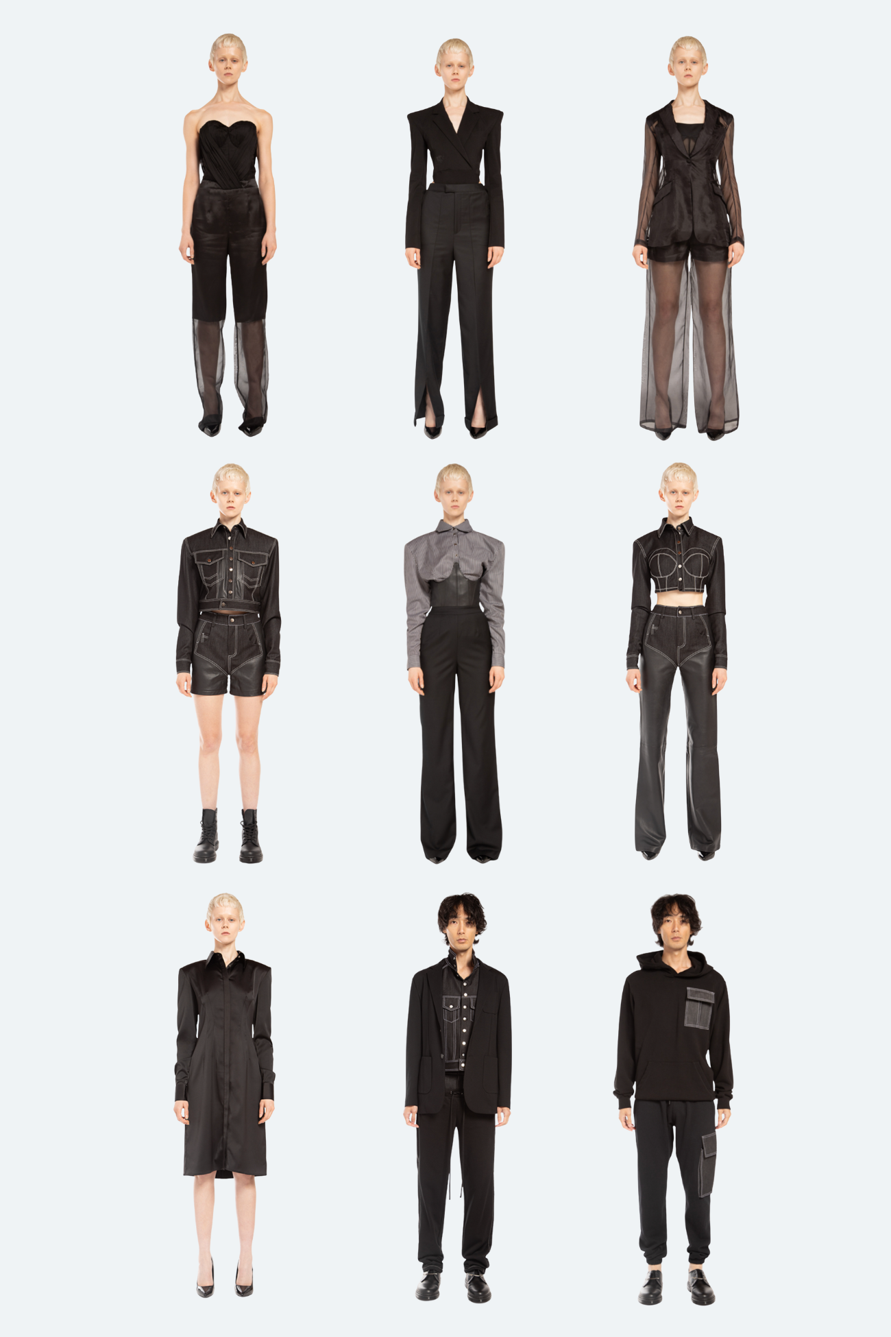 Grid of black outfits worn by mannequins on a white background