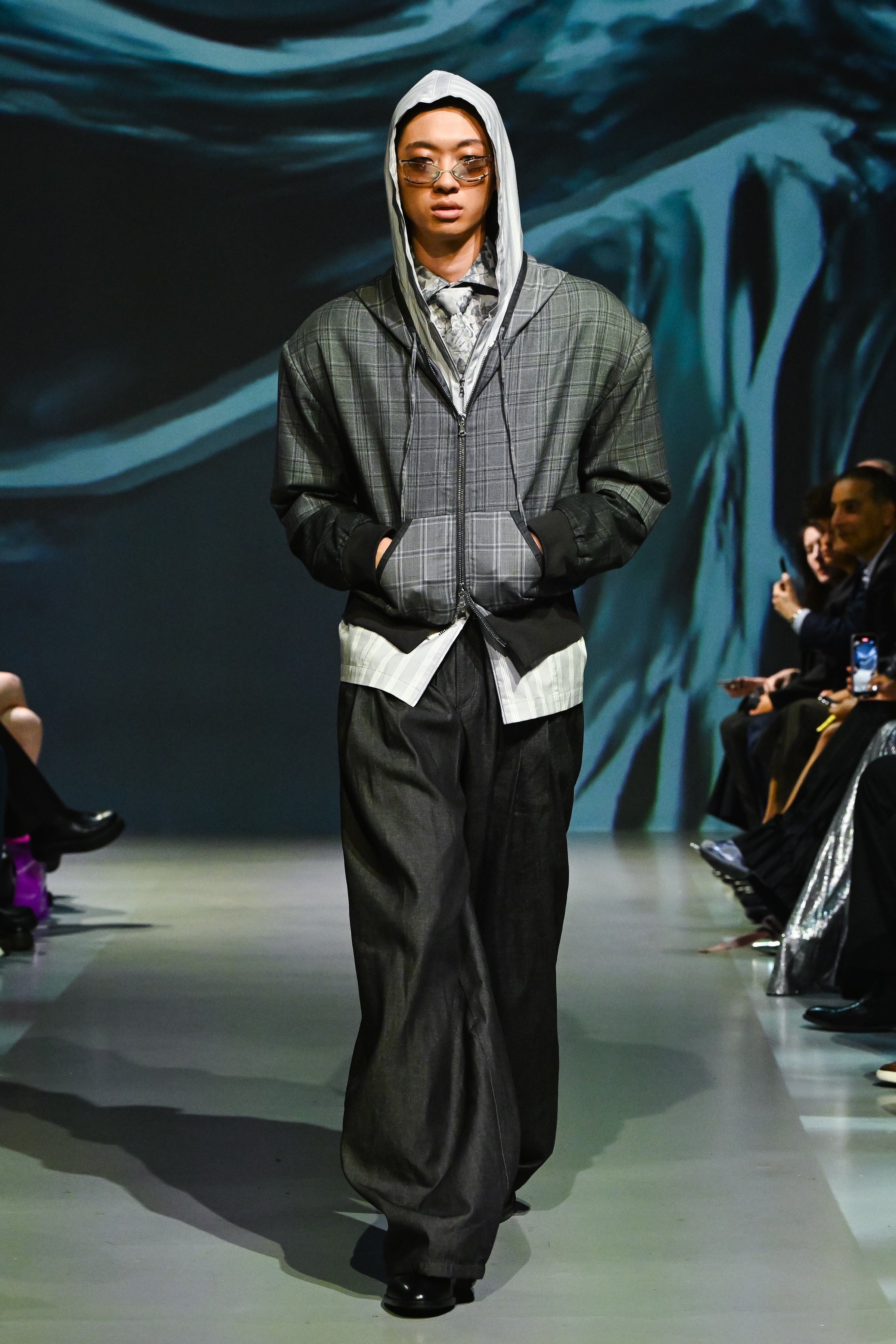 Multi-panel check hooded bomber jacket styled look