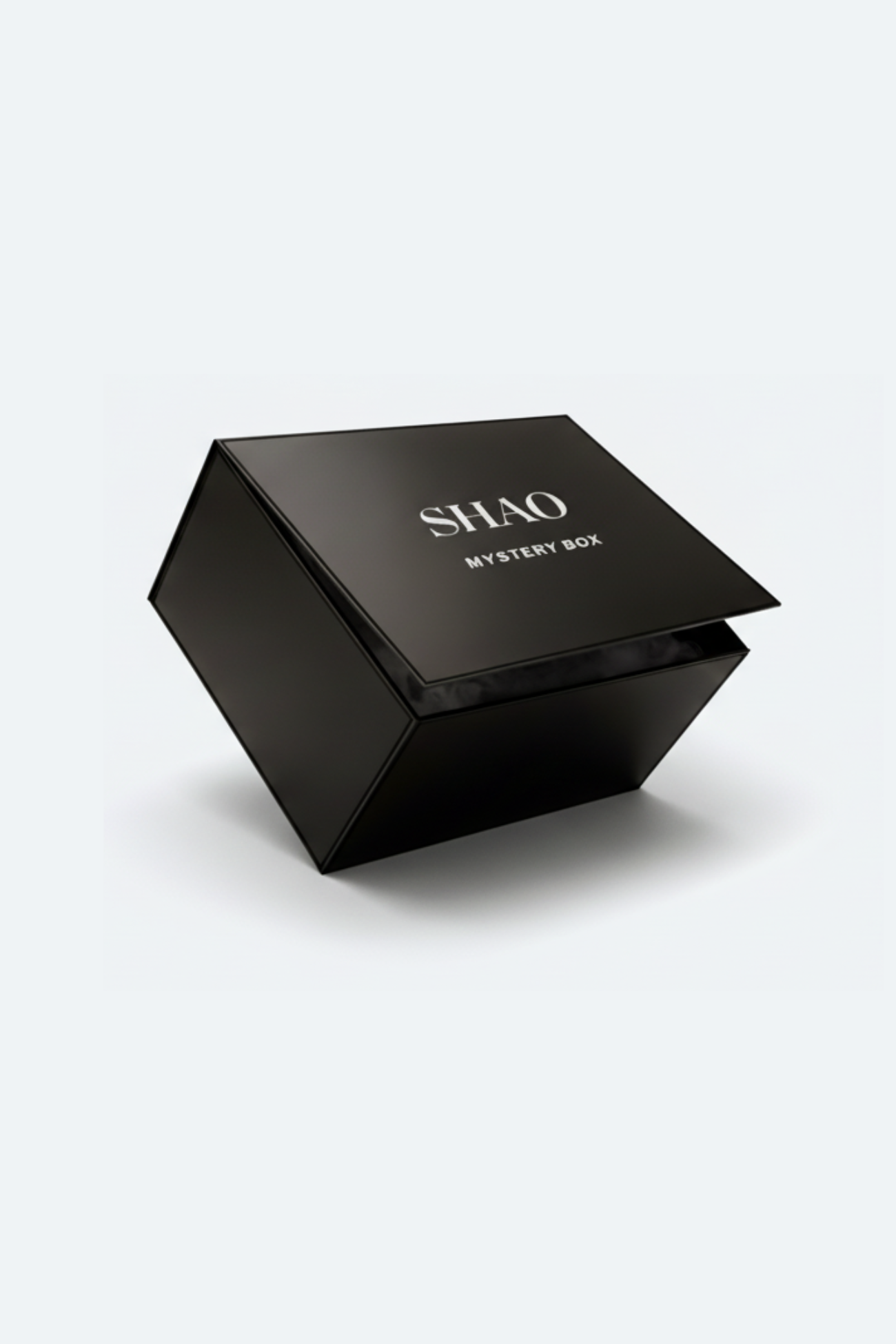 Black mystery box with 'SHAO' branding on a white background