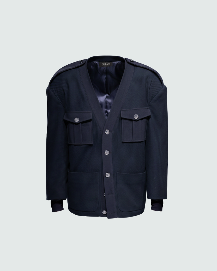 SHAO Navy Military-Style Utility Jacket structured front view