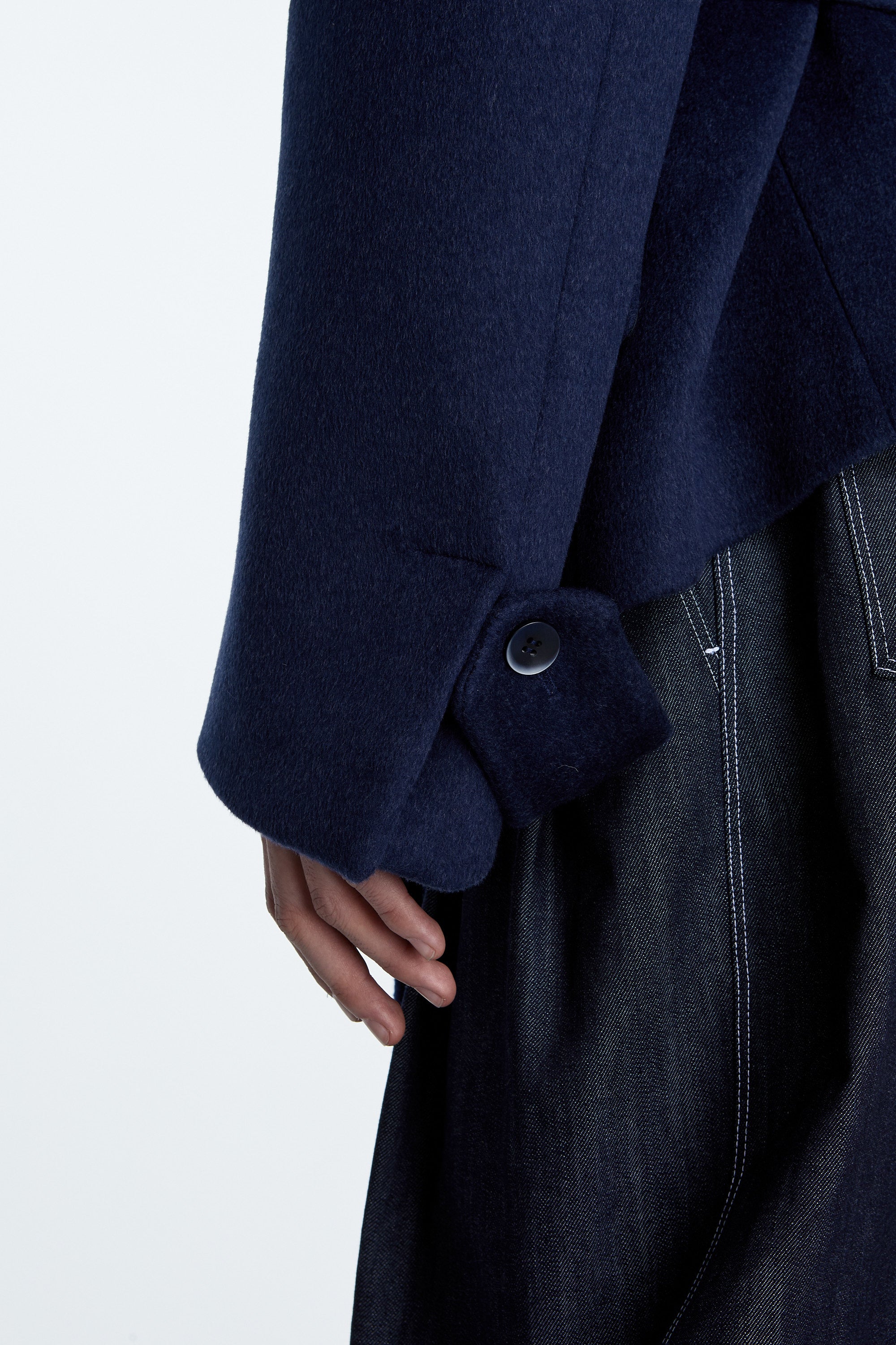 SHAO midnight sapphire oversized coat detail view