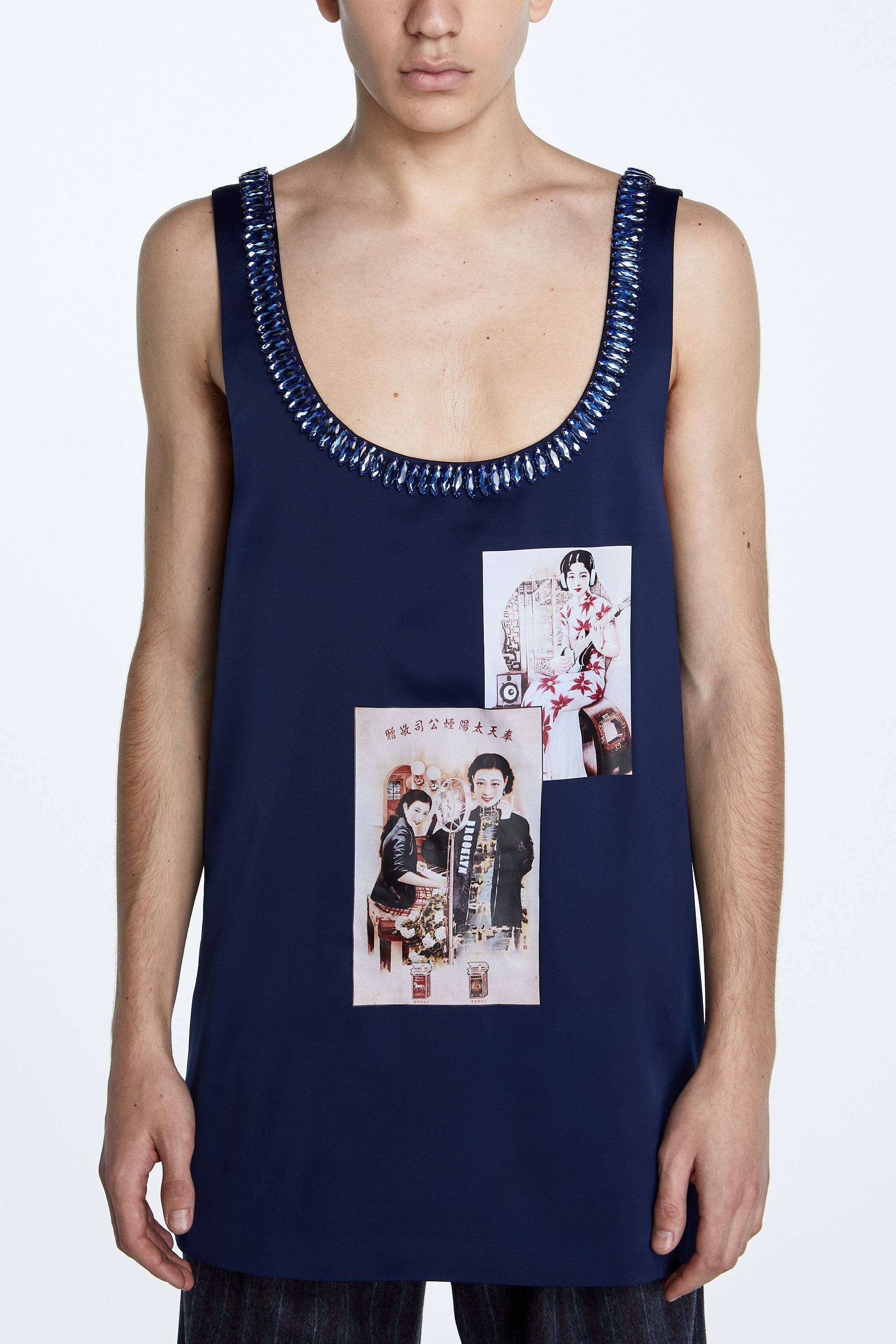 SHAO midnight sapphire embellished oversized tank front view