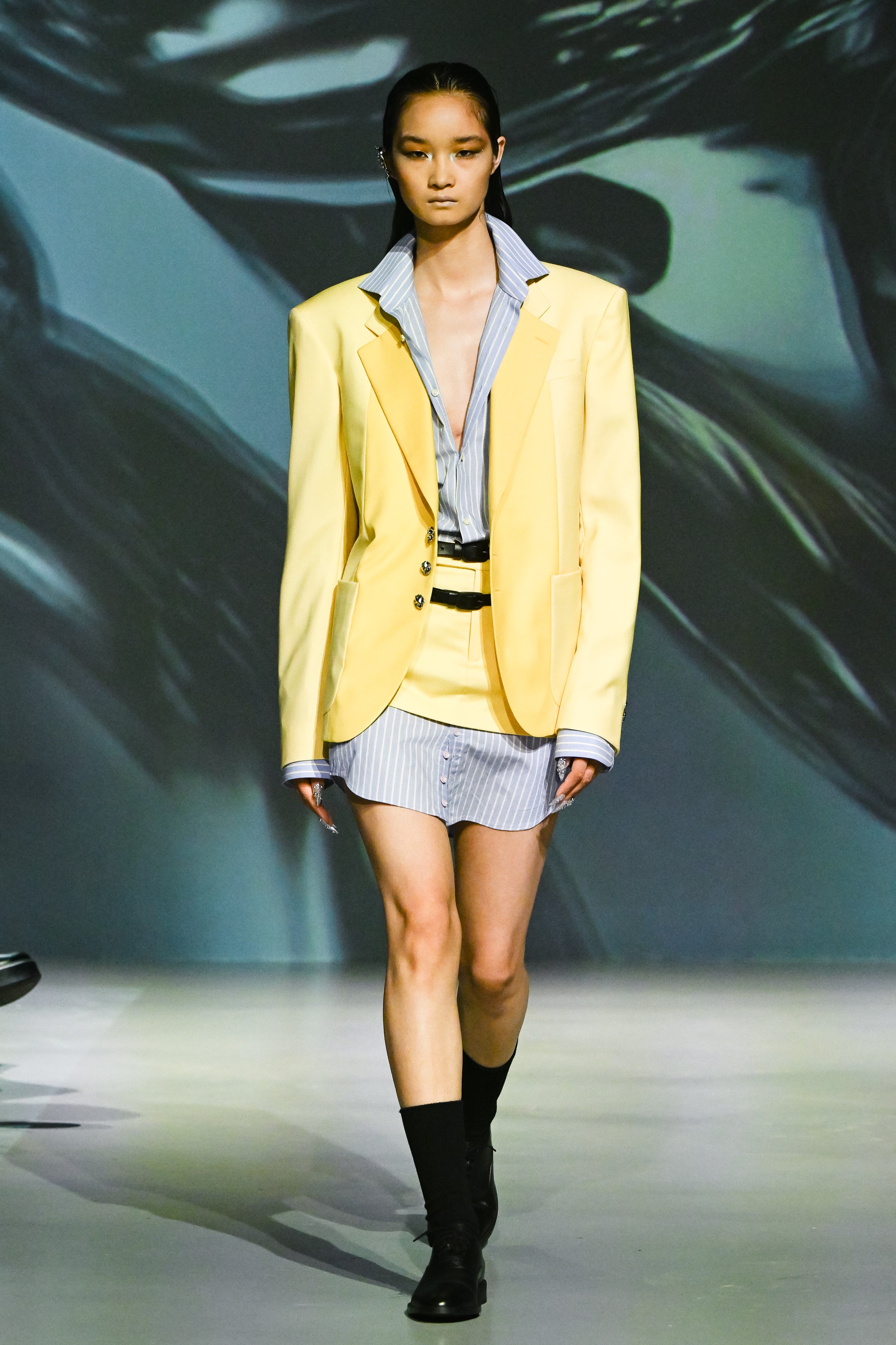 Pale Yellow Tailored Blazer with peak lapels front view model