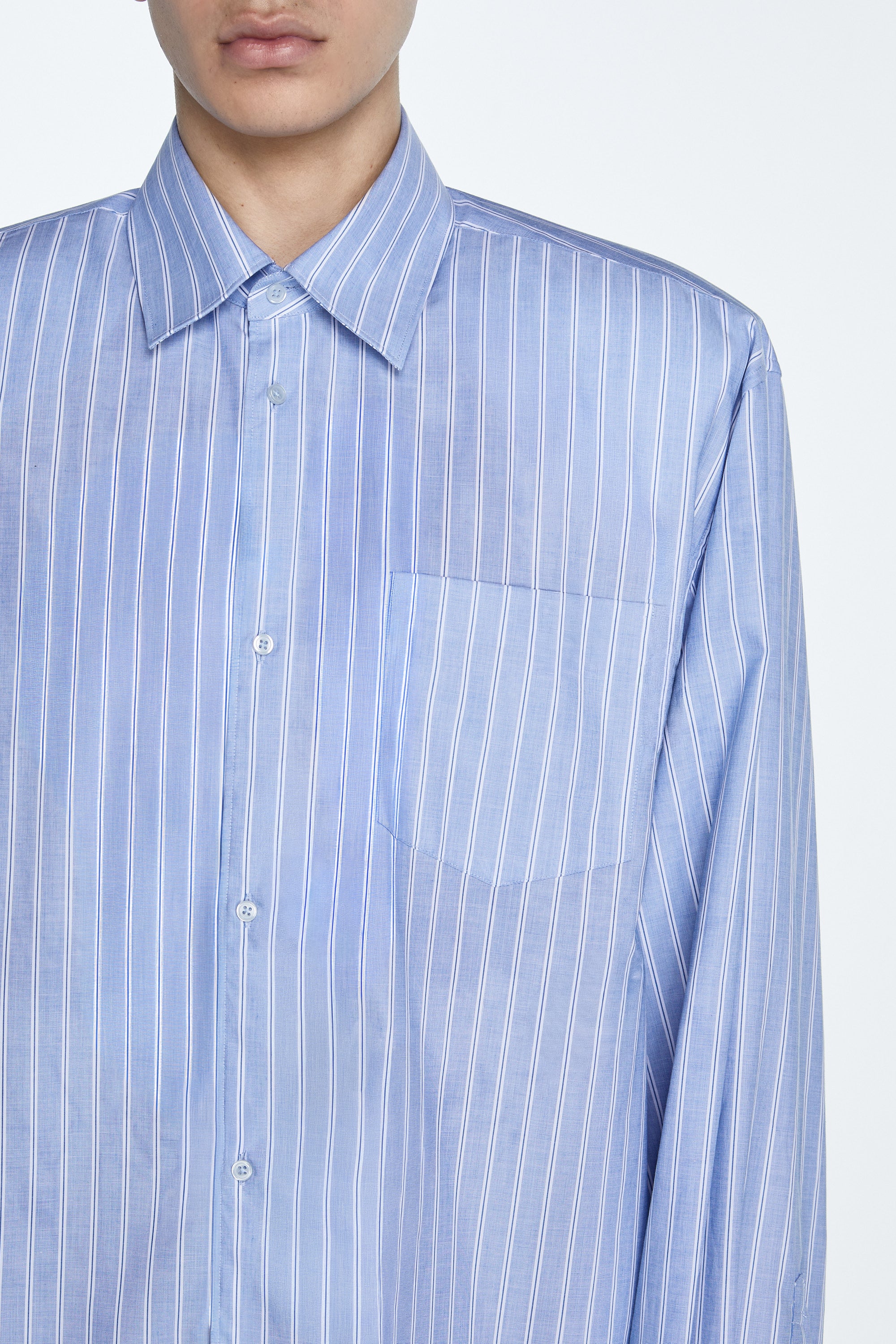 SHAO blue white pinstripe power shirt detail view