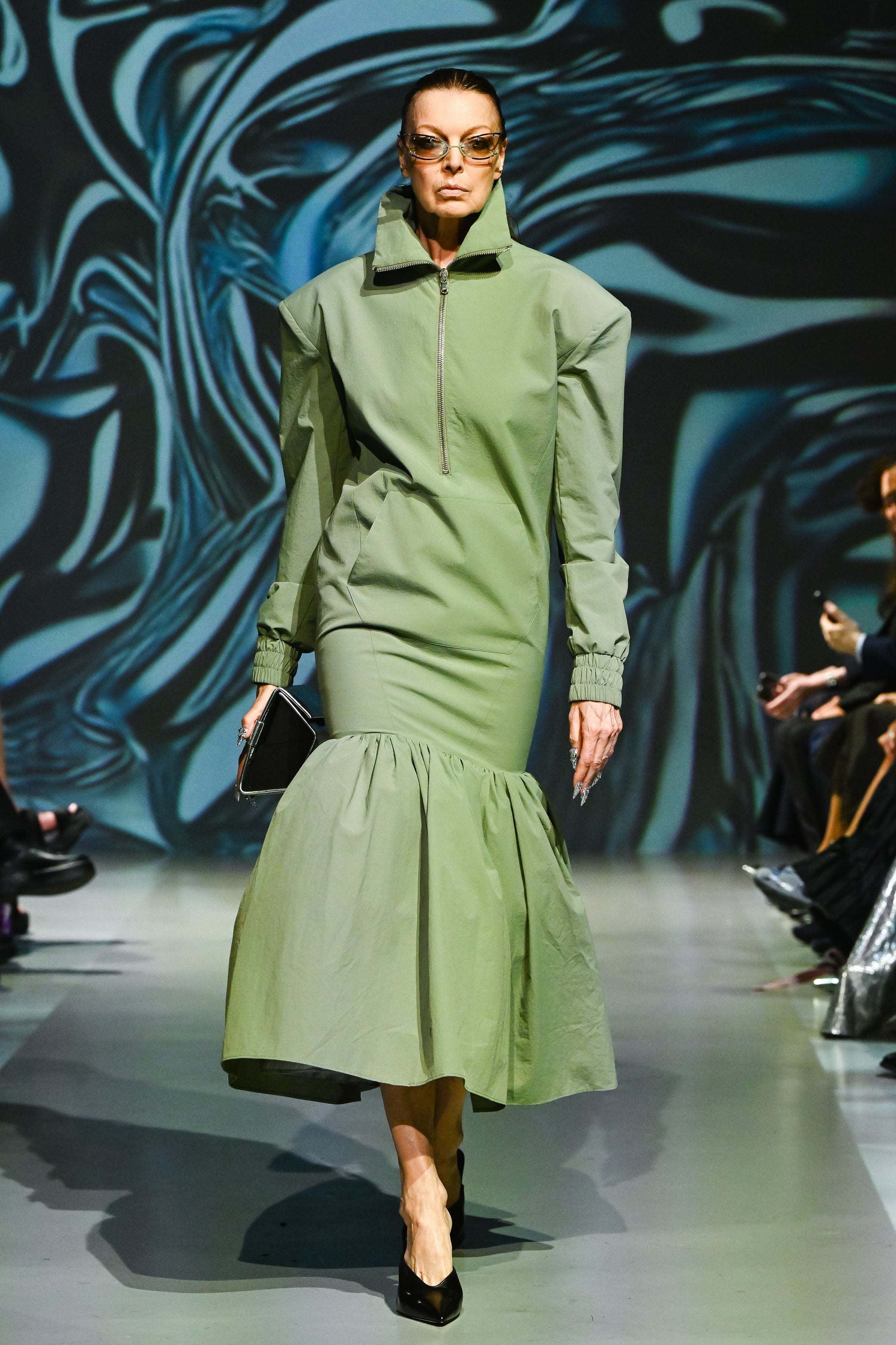 Sage green structured utility dress runway view