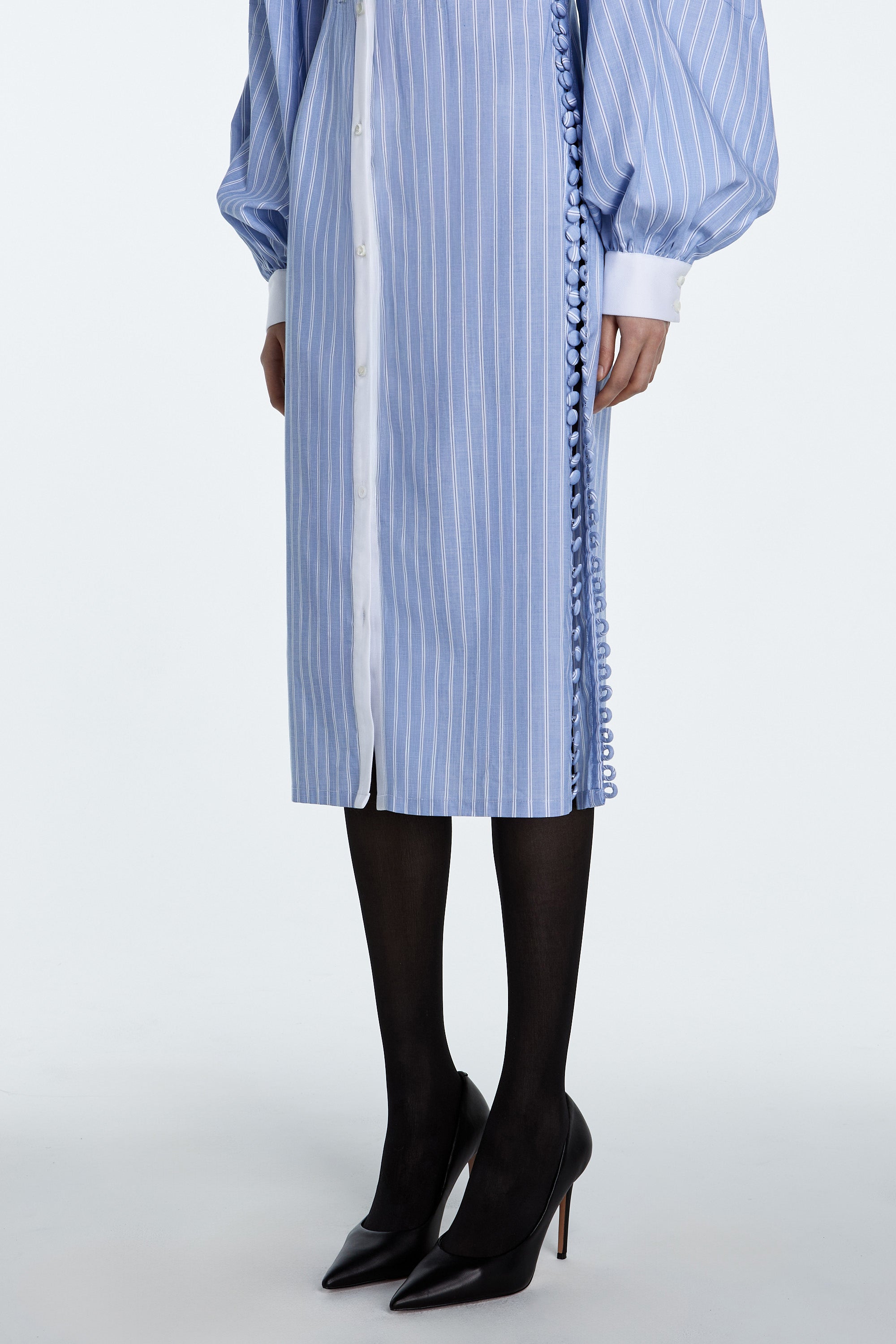 SHAO light blue striped balloon sleeve shirt dress detail view