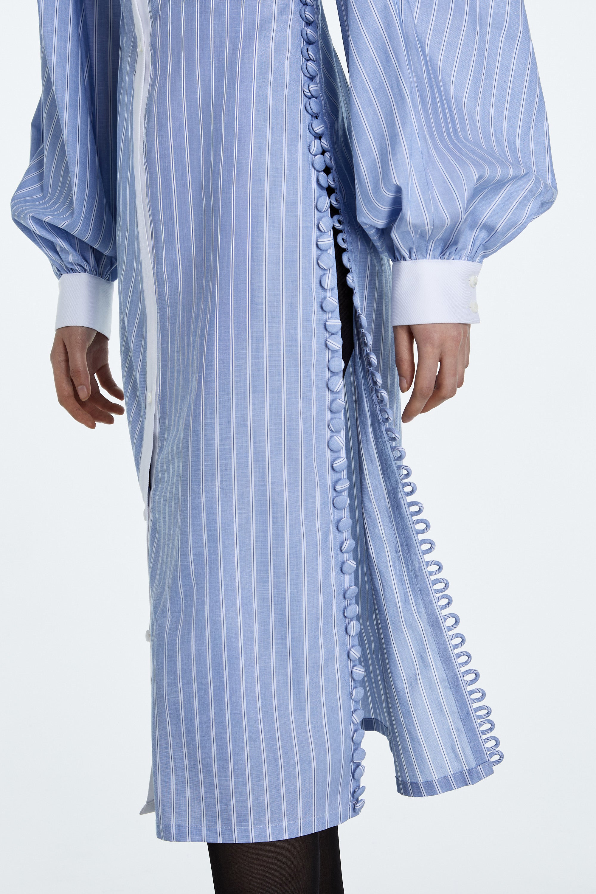 SHAO light blue striped balloon sleeve shirt dress detail view